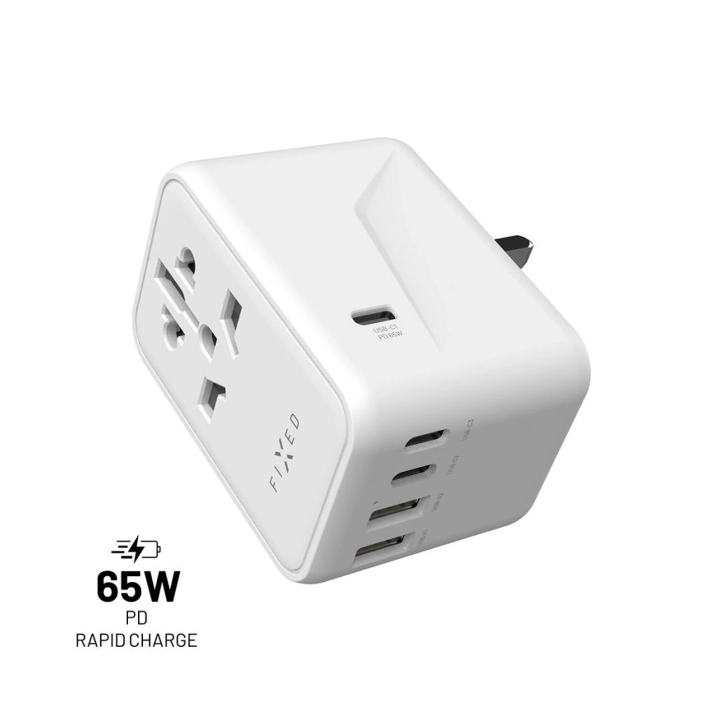 Cestovní adaptér FIXED Voyager 65 W pro EU, UK a USA/AUS, s 3xUSB-C a 2xUSB výstupem, GaN, PD 65W, bílý - FIXED