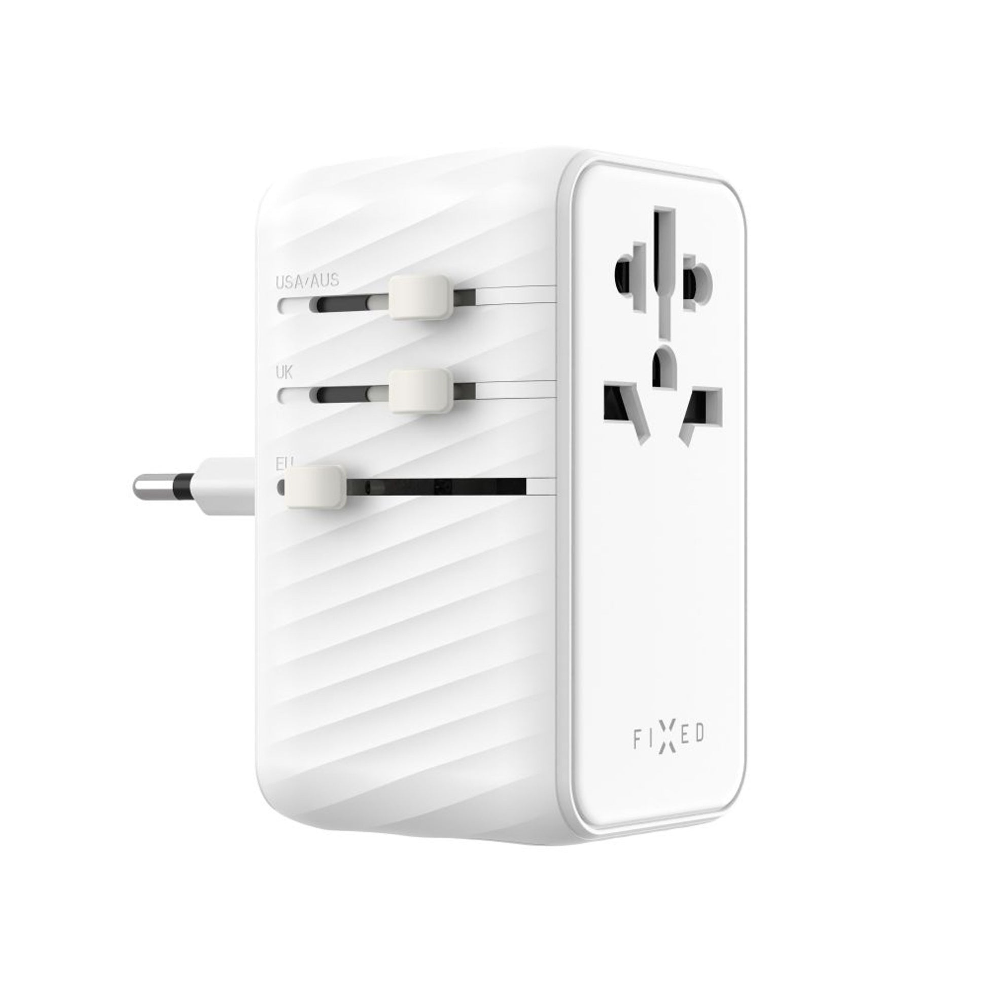 Cestovní adaptér FIXED Voyager 85W pro EU, UK a USA/AUS, s 4xUSB-C a 1xUSB výstupem, GaN, PD 85W, bílý - FIXED