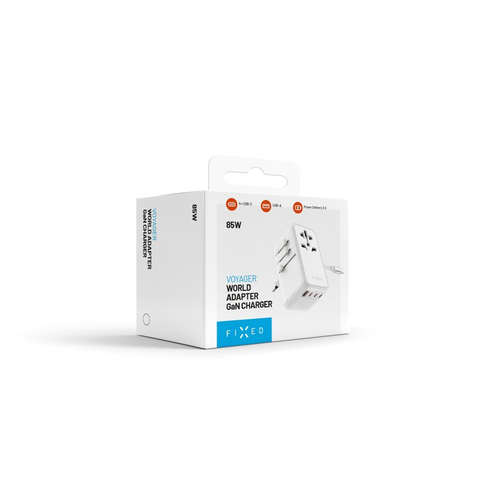 Cestovní adaptér FIXED Voyager 85W pro EU, UK a USA/AUS, s 4xUSB-C a 1xUSB výstupem, GaN, PD 85W, bílý - FIXED