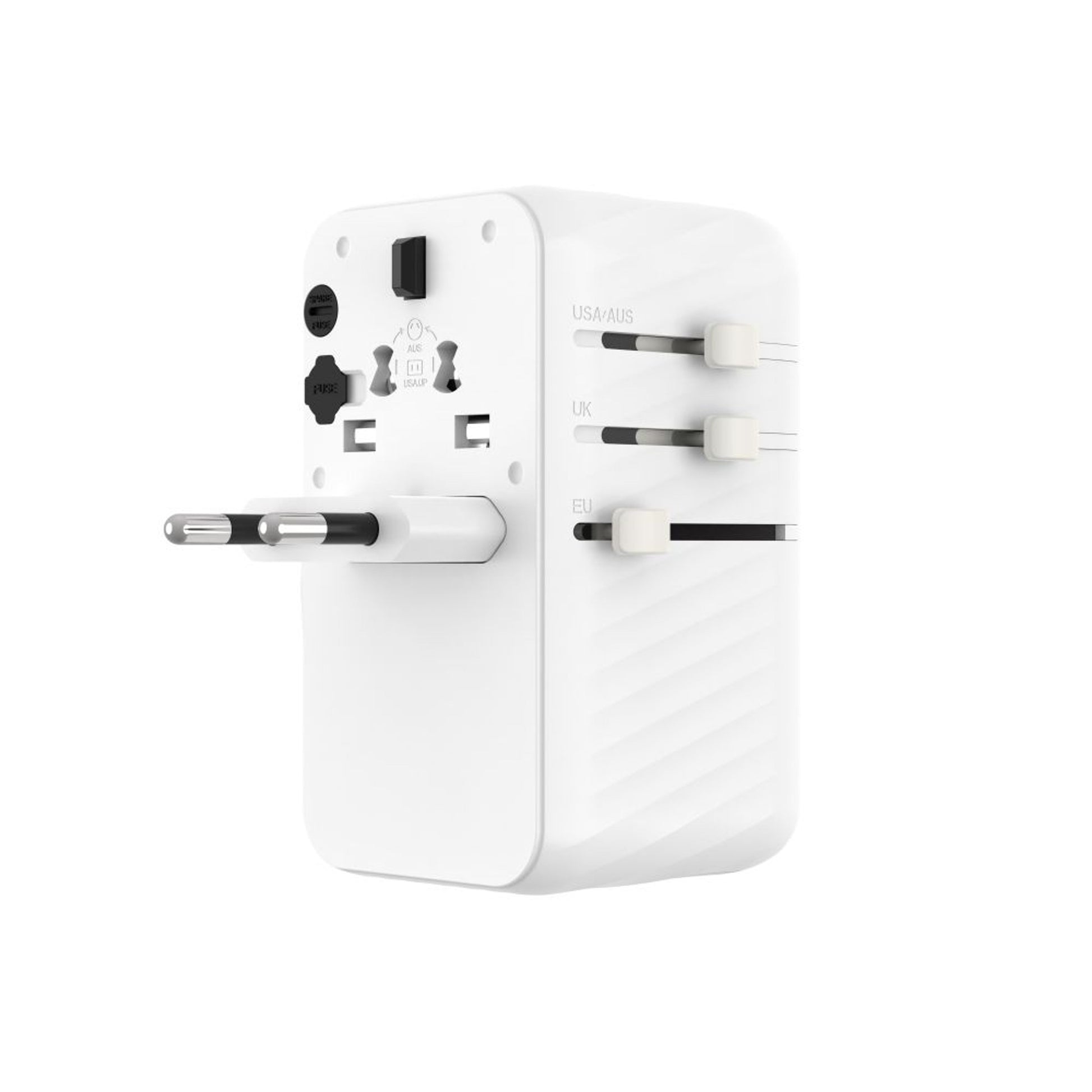 Cestovní adaptér FIXED Voyager 85W pro EU, UK a USA/AUS, s 4xUSB-C a 1xUSB výstupem, GaN, PD 85W, bílý - FIXED