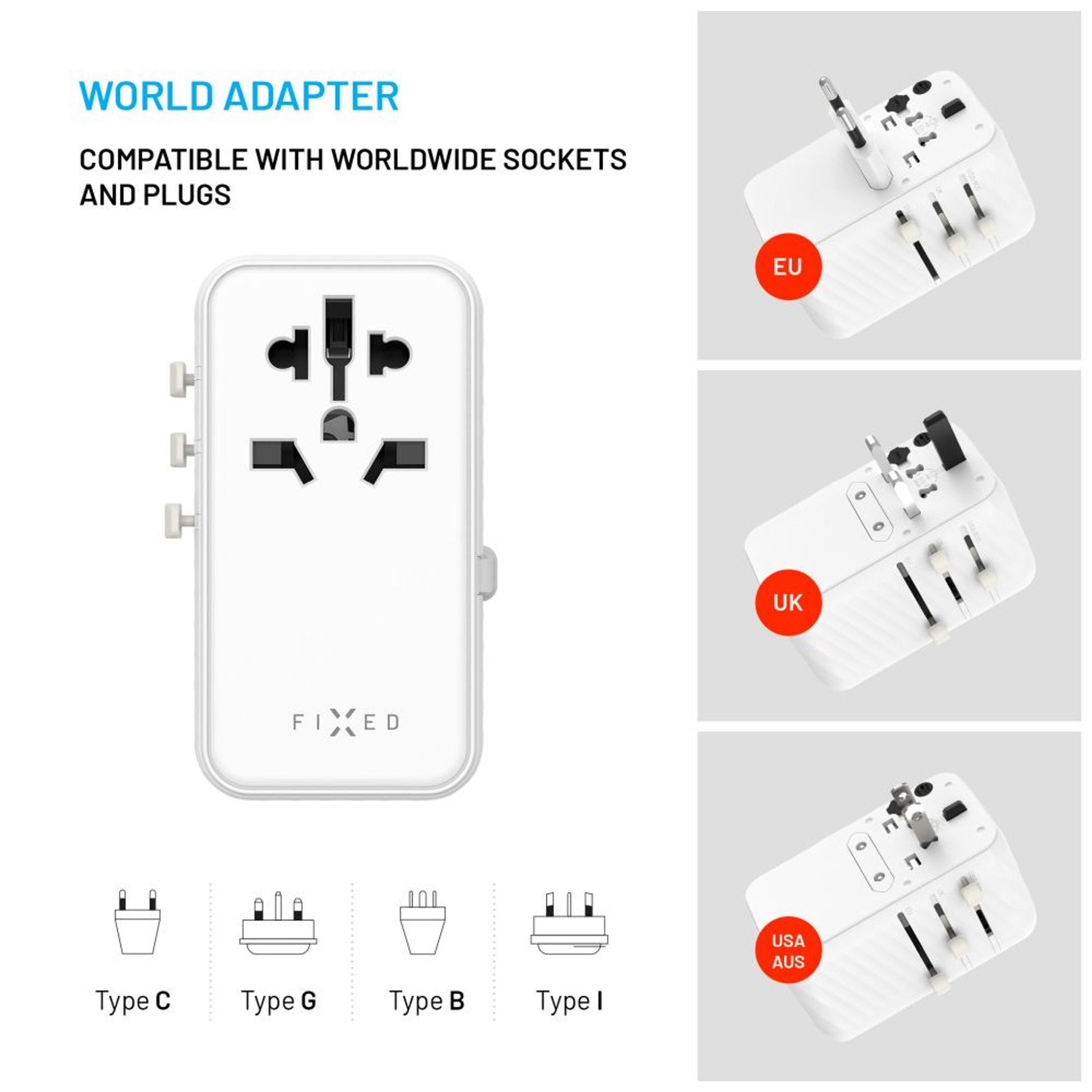 Cestovní adaptér FIXED Voyager 85W pro EU, UK a USA/AUS, s 4xUSB-C a 1xUSB výstupem, GaN, PD 85W, bílý - FIXED