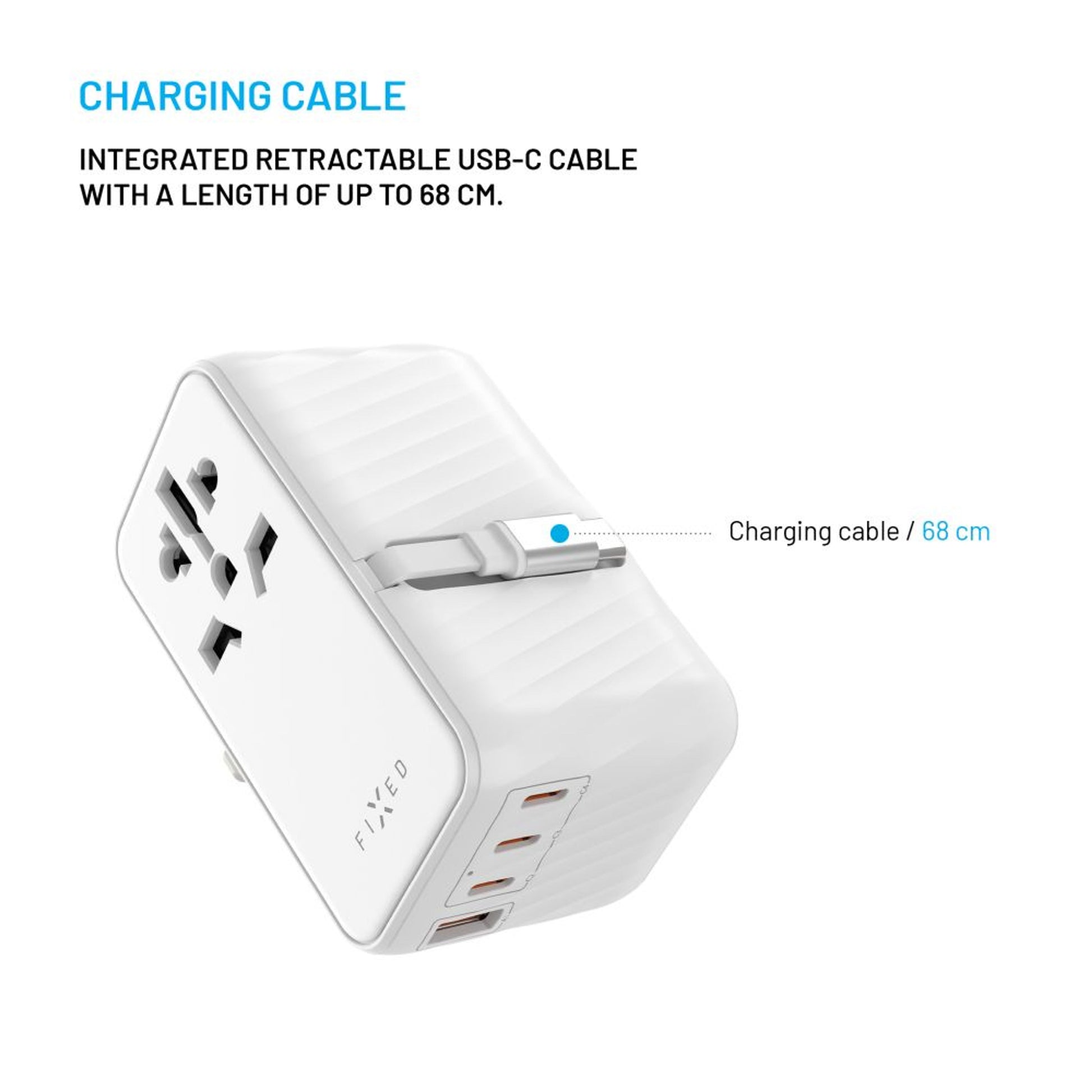 Cestovní adaptér FIXED Voyager 85W pro EU, UK a USA/AUS, s 4xUSB-C a 1xUSB výstupem, GaN, PD 85W, bílý - FIXED