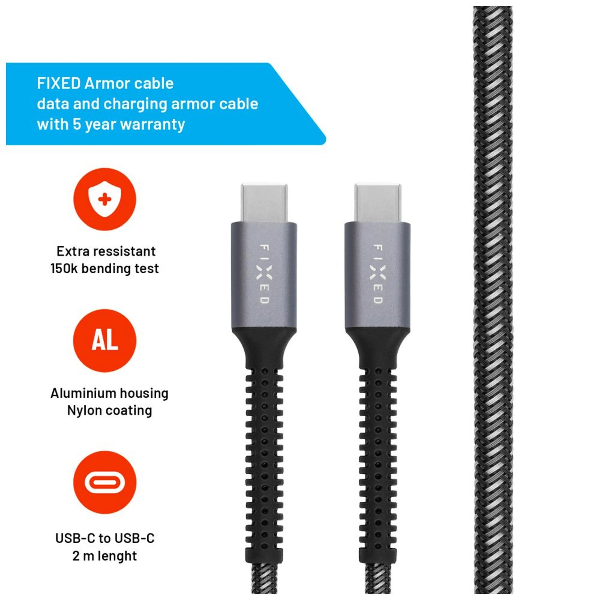 Dlouhý nabíjecí a datový odolný kabel FIXED Armor s konektory USB-C/USB-C a podporou PD, 2m, USB 2.0, 240W, šedý - FIXED