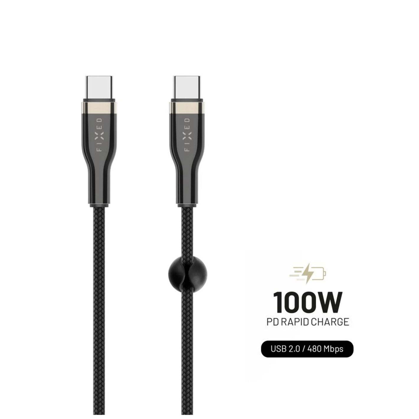 Dlouhý nabíjecí a datový opletený kabel FIXED s konektory USB-C/USB-C a podporou PD, 2m, USB 2.0, 100W, černý - FIXED