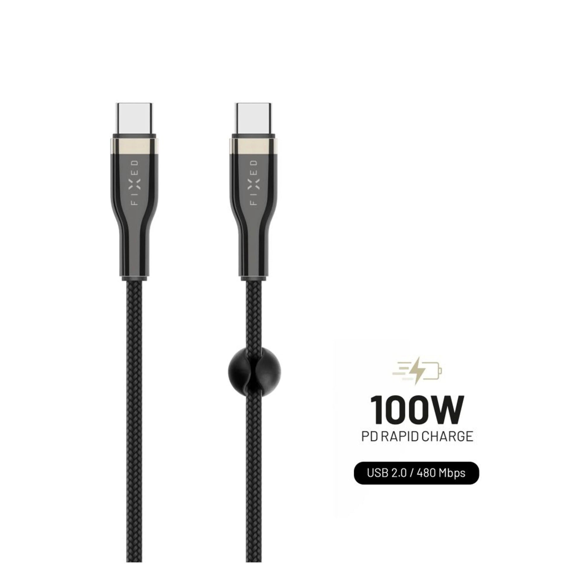 Dlouhý nabíjecí a datový opletený kabel FIXED s konektory USB-C/USB-C a podporou PD, 2m, USB 2.0, 100W, černý - FIXED