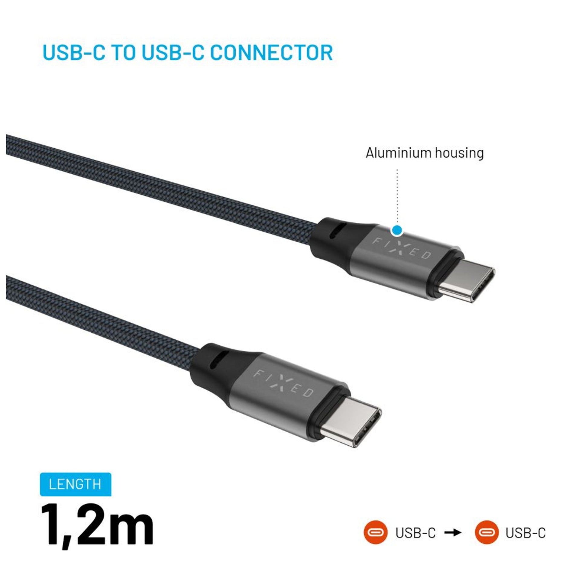 Magnetický nabíjecí a datový opletený kabel FIXED s konektory USB-C/USB-C a podporou PD, 1.2m, USB 2.0, 240W, šedý - FIXED
