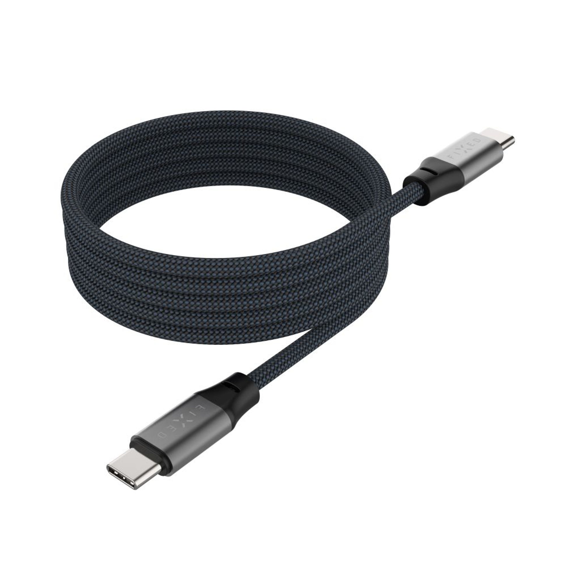 Dlouhý magnetický nabíjecí a datový opletený kabel FIXED s konektory USB-C/USB-C a podporou PD, 2m, USB 2.0, 240W, šedý - FIXED