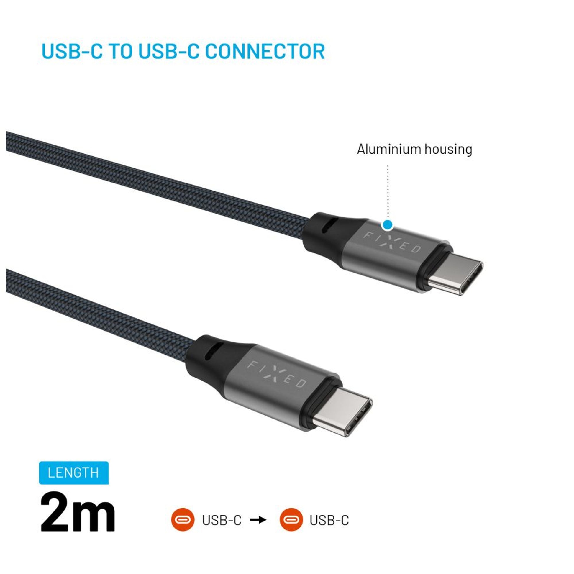 Dlouhý magnetický nabíjecí a datový opletený kabel FIXED s konektory USB-C/USB-C a podporou PD, 2m, USB 2.0, 240W, šedý - FIXED