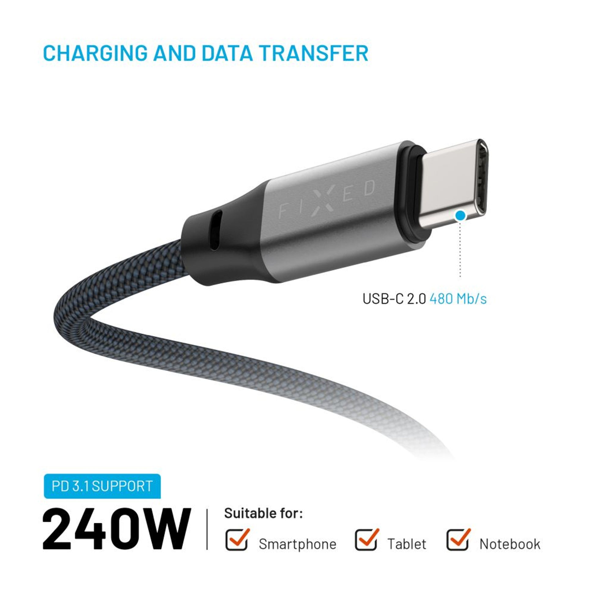 Dlouhý magnetický nabíjecí a datový opletený kabel FIXED s konektory USB-C/USB-C a podporou PD, 2m, USB 2.0, 240W, šedý - FIXED