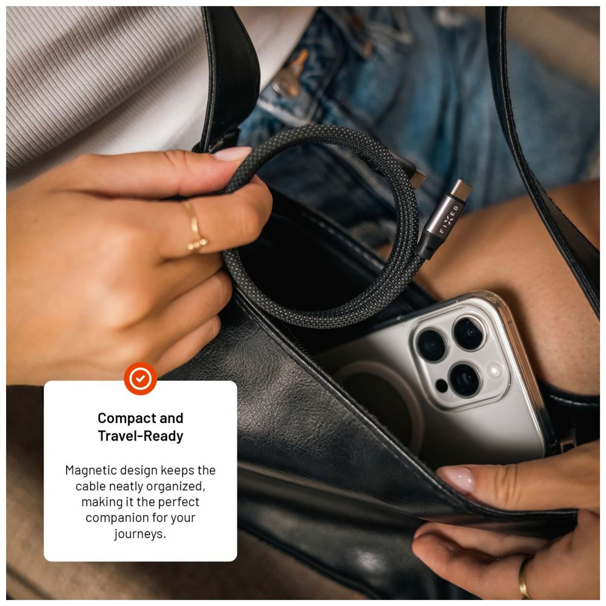 Dlouhý magnetický nabíjecí a datový opletený kabel FIXED s konektory USB-C/USB-C a podporou PD, 2m, USB 2.0, 240W, šedý - FIXED