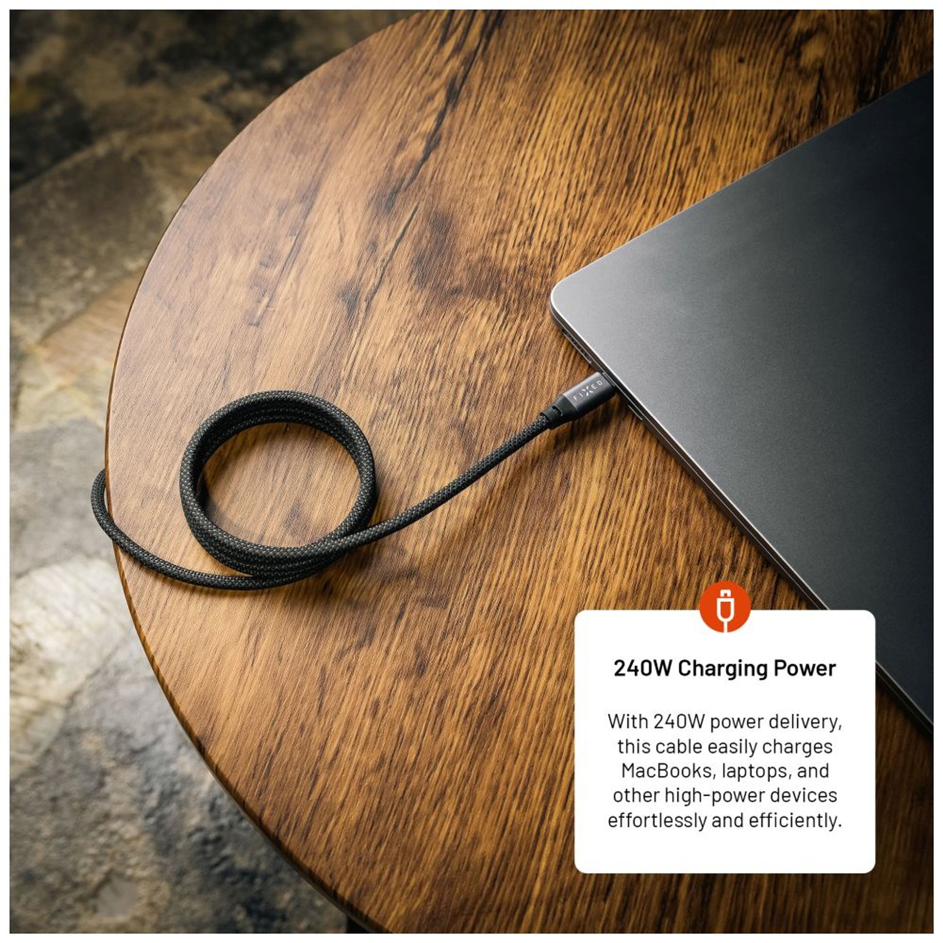 Dlouhý magnetický nabíjecí a datový opletený kabel FIXED s konektory USB-C/USB-C a podporou PD, 2m, USB 2.0, 240W, šedý - FIXED