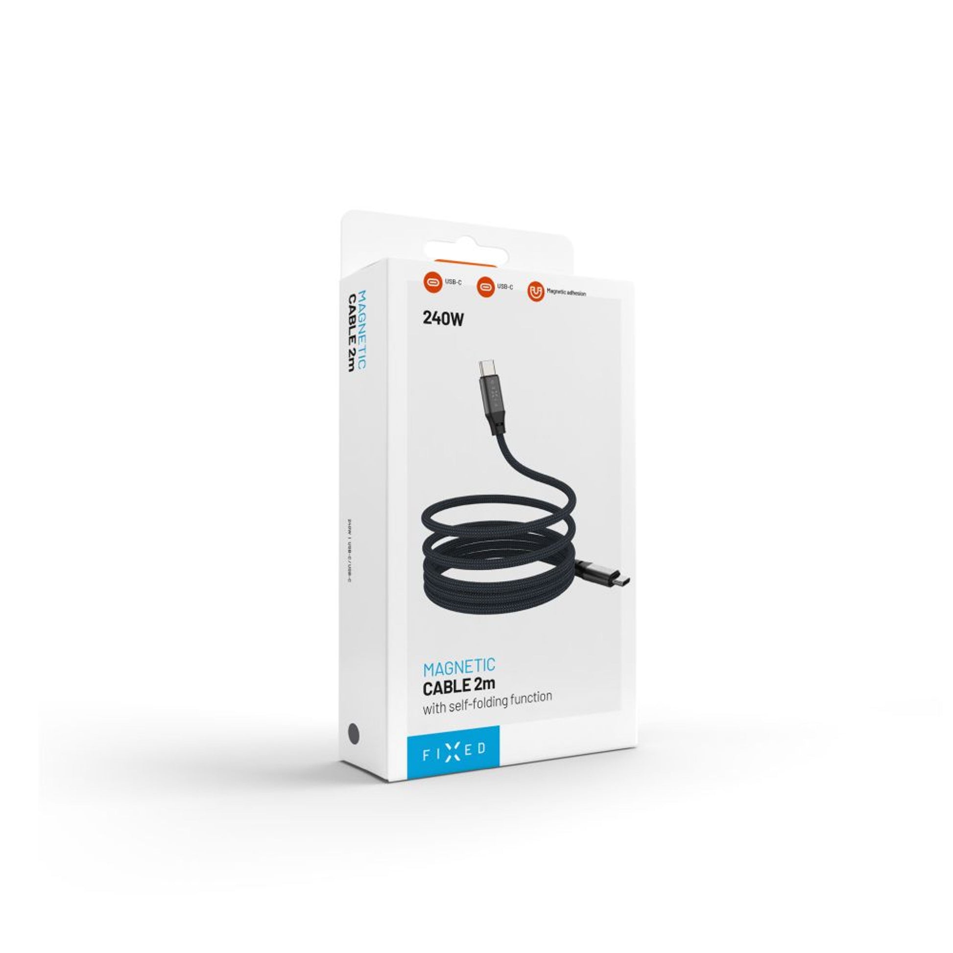Dlouhý magnetický nabíjecí a datový opletený kabel FIXED s konektory USB-C/USB-C a podporou PD, 2m, USB 2.0, 240W, šedý - FIXED