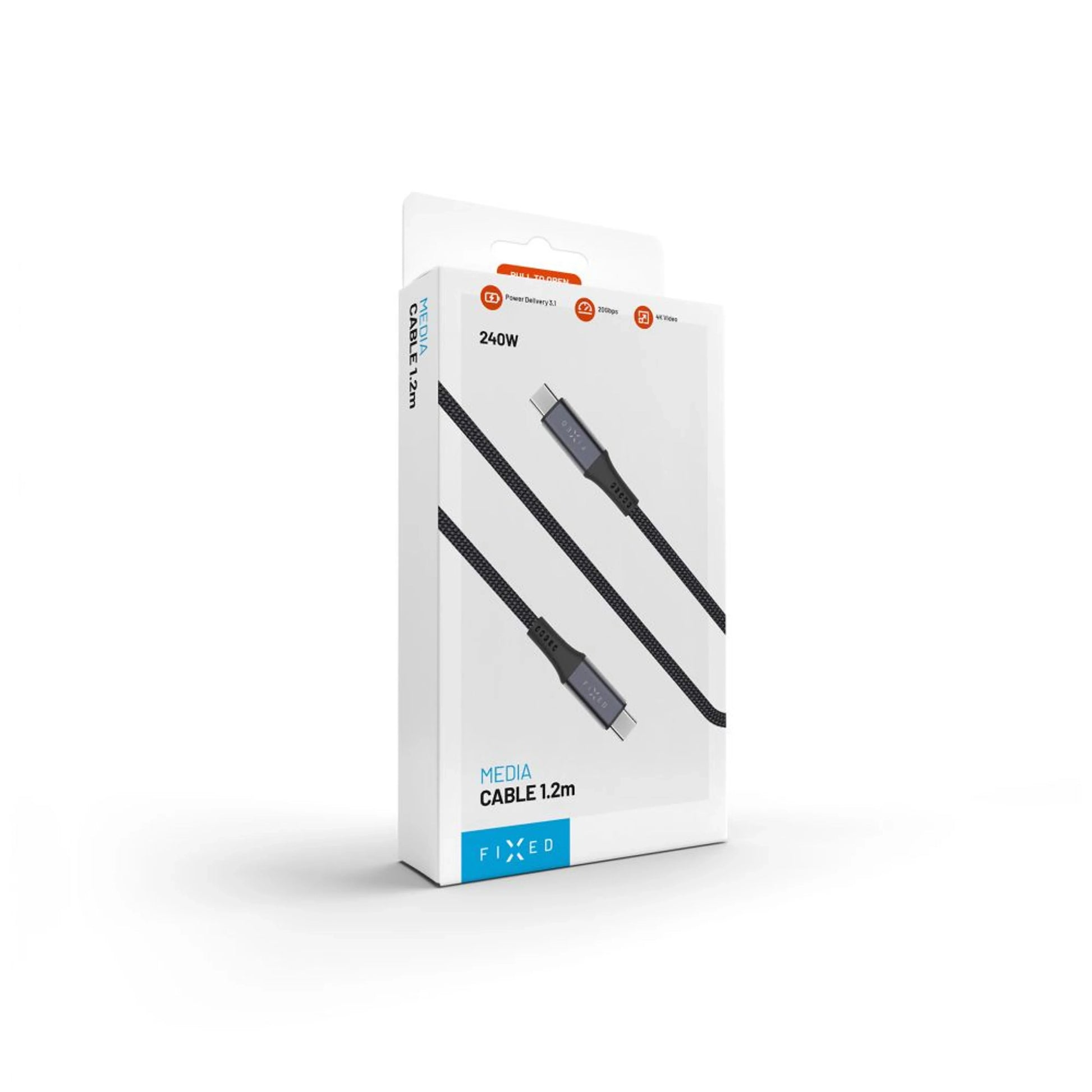 Dlouhý nabíjecí a datový opletený kabel FIXED s konektory USB-C/USB-C, PD 3.1, 2 m, USB4gen2 20Gbps, 4K60Hz, 240W, šedý - FIXED