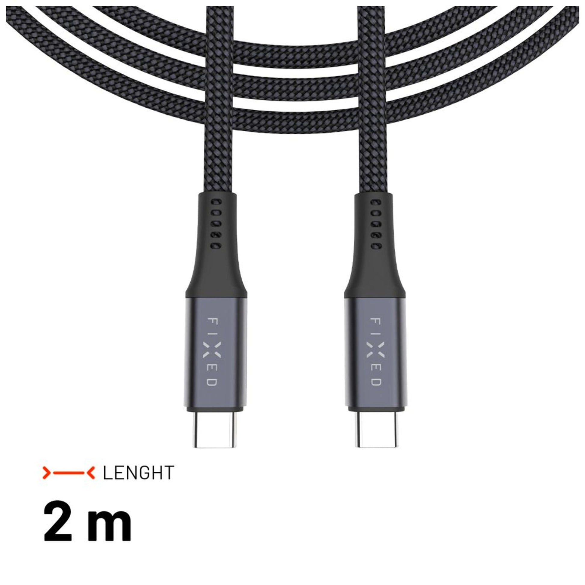 Dlouhý nabíjecí a datový opletený kabel FIXED s konektory USB-C/USB-C, PD 3.1, 2 m, USB4gen2 20Gbps, 4K60Hz, 240W, šedý - FIXED
