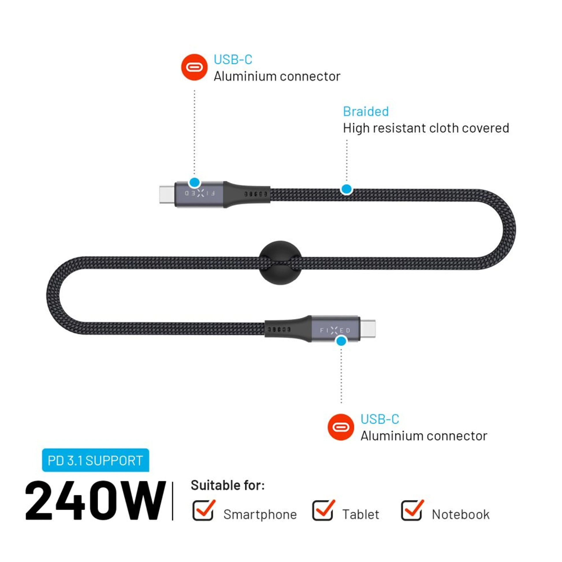 Dlouhý nabíjecí a datový opletený kabel FIXED s konektory USB-C/USB-C, PD 3.1, 2 m, USB4gen2 20Gbps, 4K60Hz, 240W, šedý - FIXED