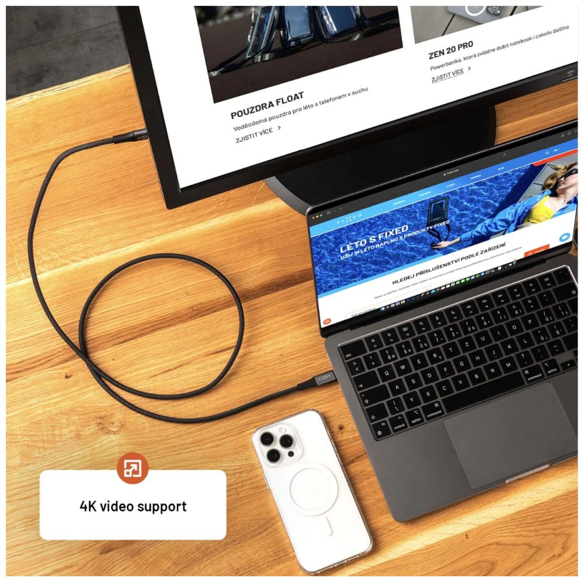 Dlouhý nabíjecí a datový opletený kabel FIXED s konektory USB-C/USB-C, PD 3.1, 2 m, USB4gen2 20Gbps, 4K60Hz, 240W, šedý - FIXED