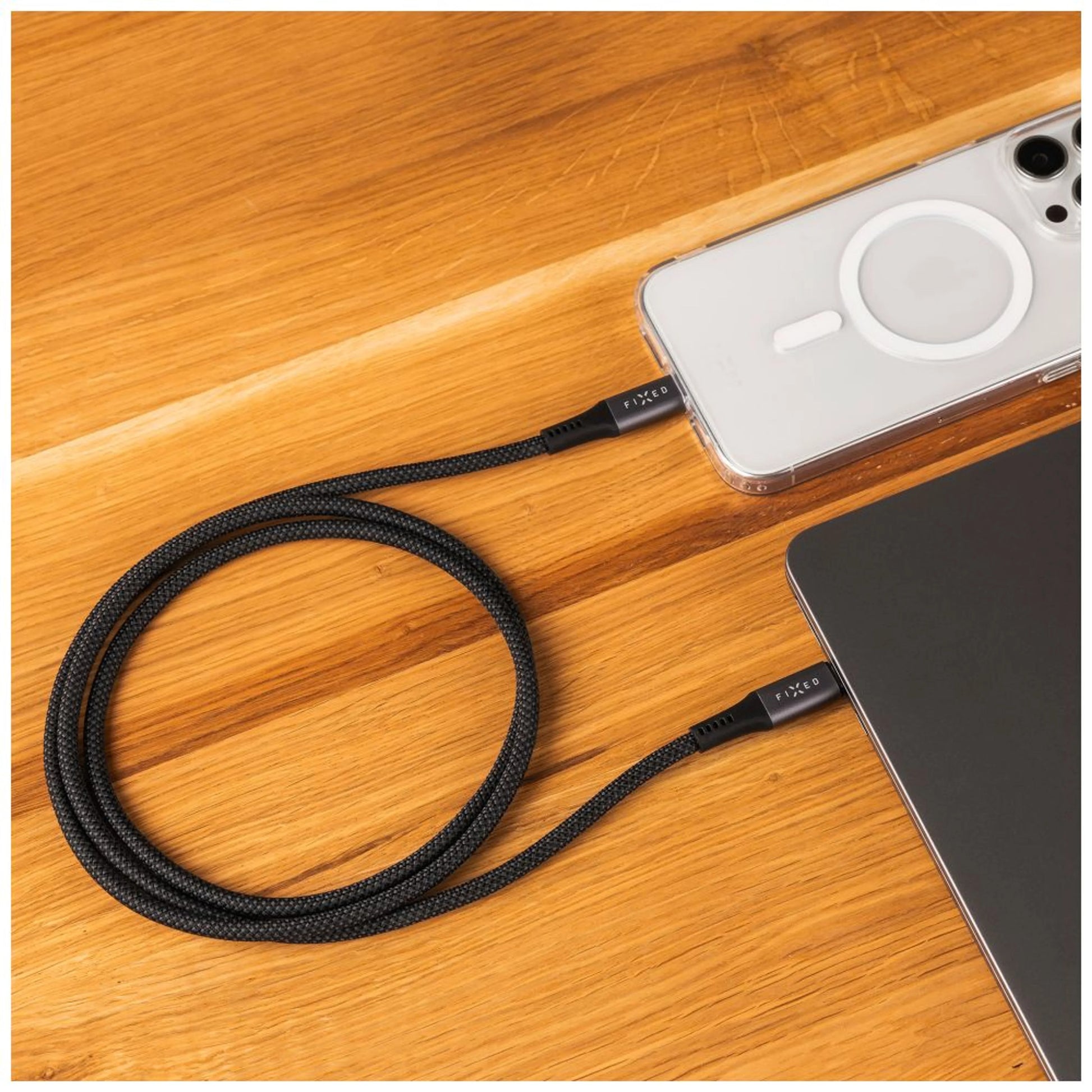 Dlouhý nabíjecí a datový opletený kabel FIXED s konektory USB-C/USB-C, PD 3.1, 2 m, USB4gen2 20Gbps, 4K60Hz, 240W, šedý - FIXED