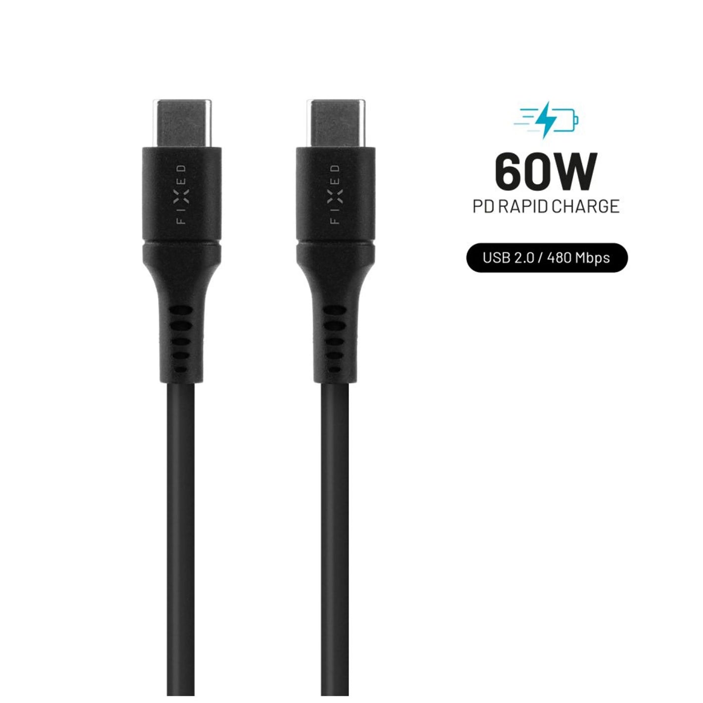 Nabíjecí a datový Liquid silicone kabel FIXED s konektory USB-C/USB-C a podporou PD, 1.2m, USB 2.0, 60W, černý - FIXED