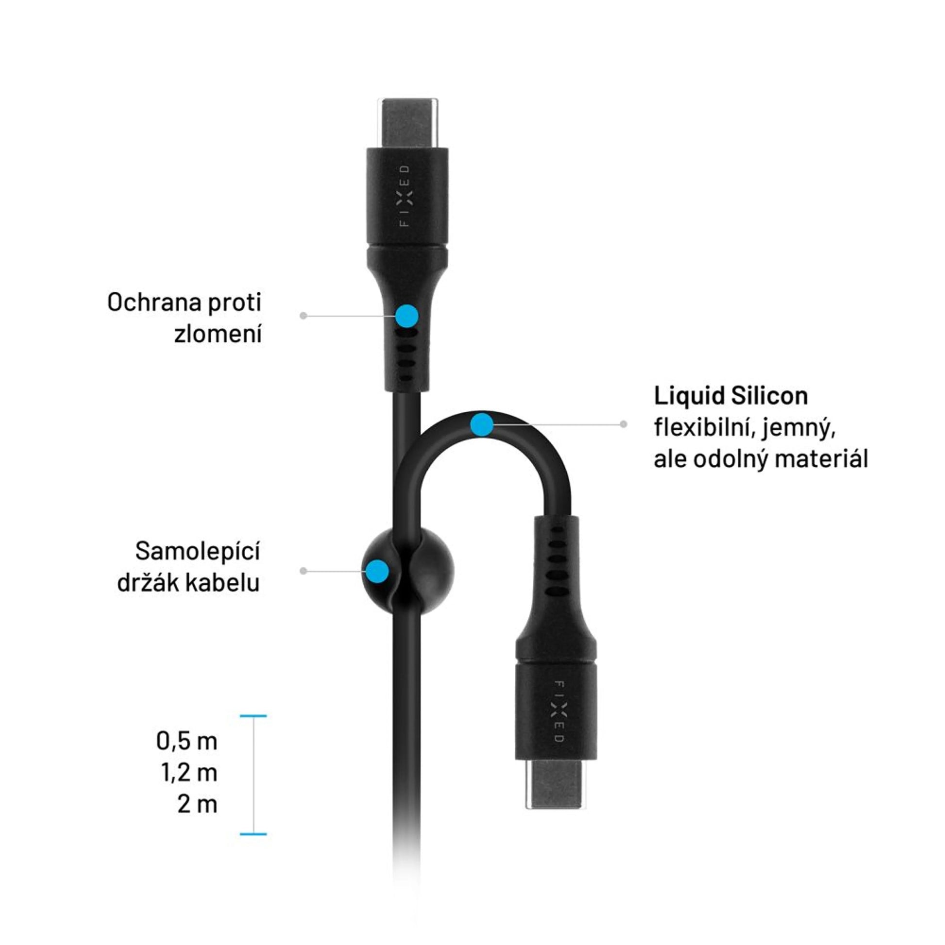 Dlouhý nabíjecí a datový Liquid silicone kabel FIXED s konektory USB-C/USB-C a podporou PD, 2m, USB 2.0, 60W, černý - FIXED
