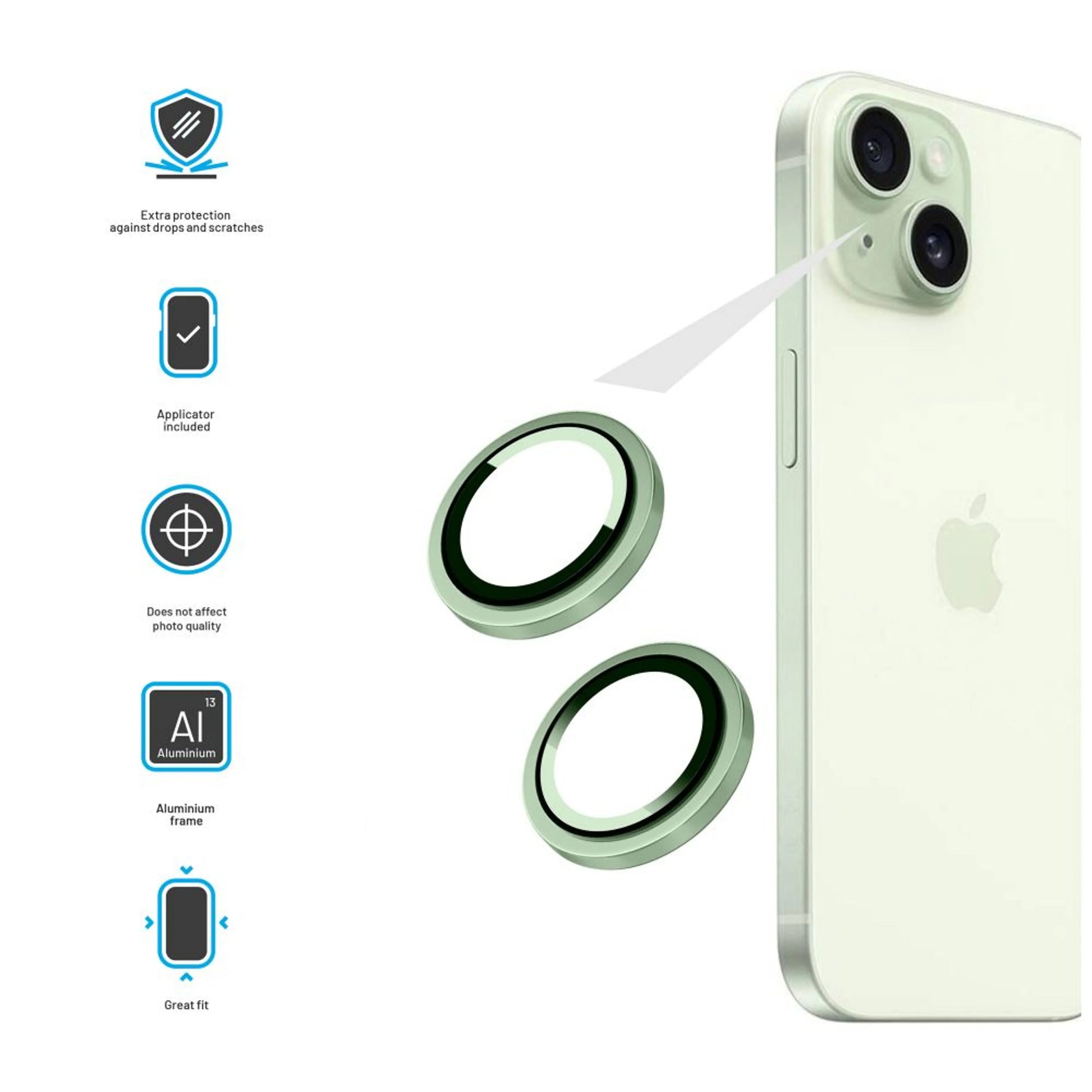 Ochranná skla čoček fotoaparátů FIXED Camera Glass pro Apple iPhone 15/15 Plus, světle zelená - FIXED