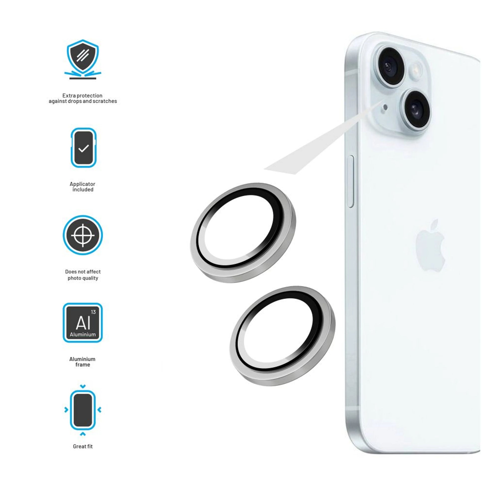 Ochranná skla čoček fotoaparátů FIXED Camera Glass pro Apple iPhone 15/15 Plus, stříbrná - FIXED