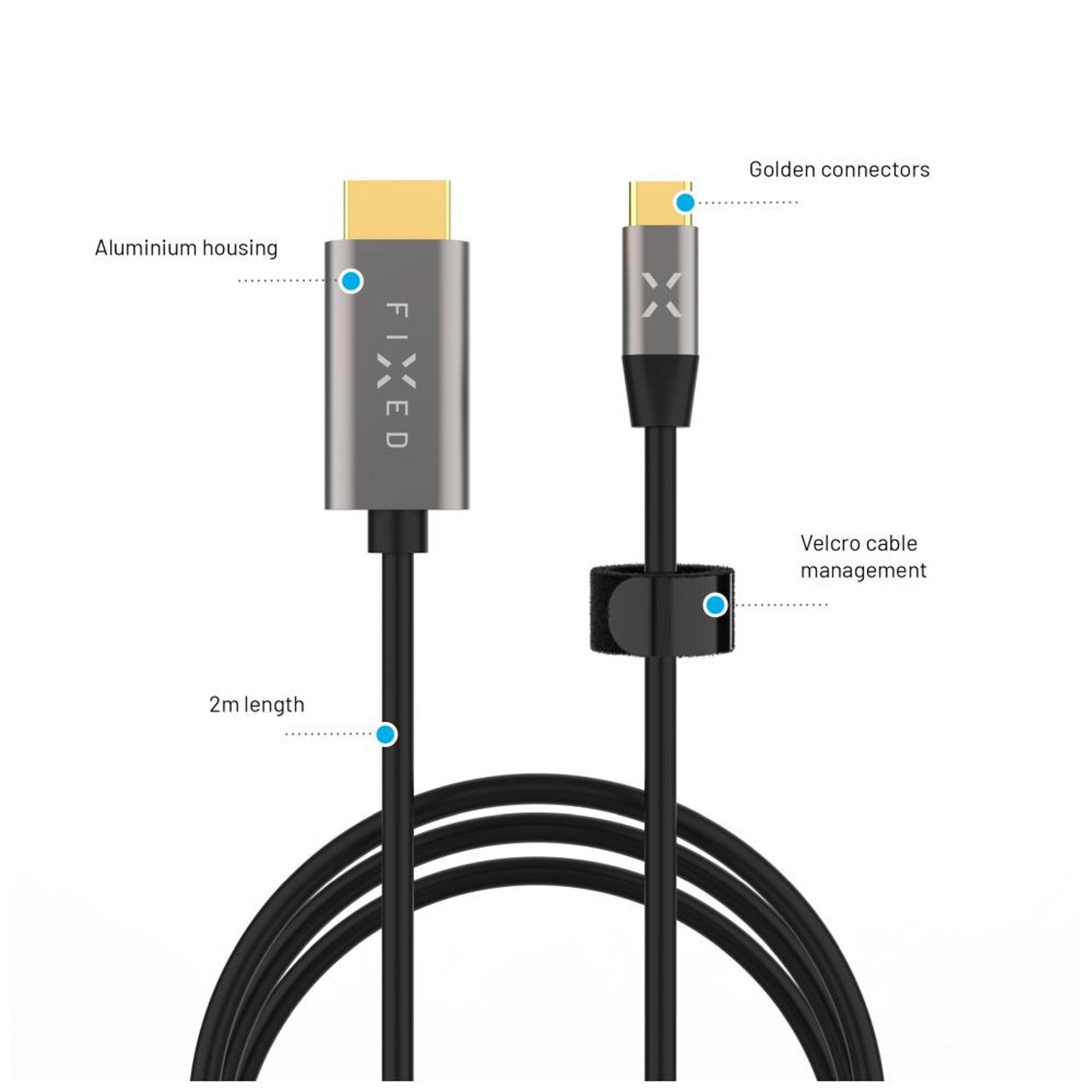Video kabel FIXED s konektory USB-C/HDMI, USB-C 3.1 Gen 2 18Gbps, HDMI 2.0 4K60Hz, 2m, šedý - FIXED