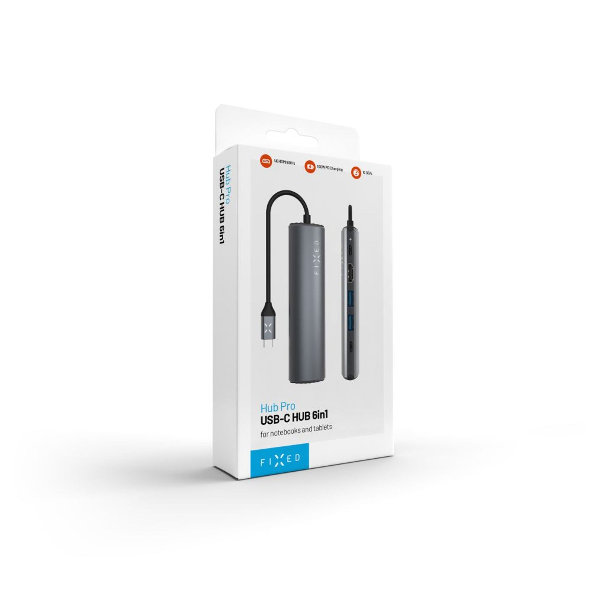 6-portový hliníkový USB-C FIXED HUB Pro, pro notebooky a tablety, šedý - FIXED