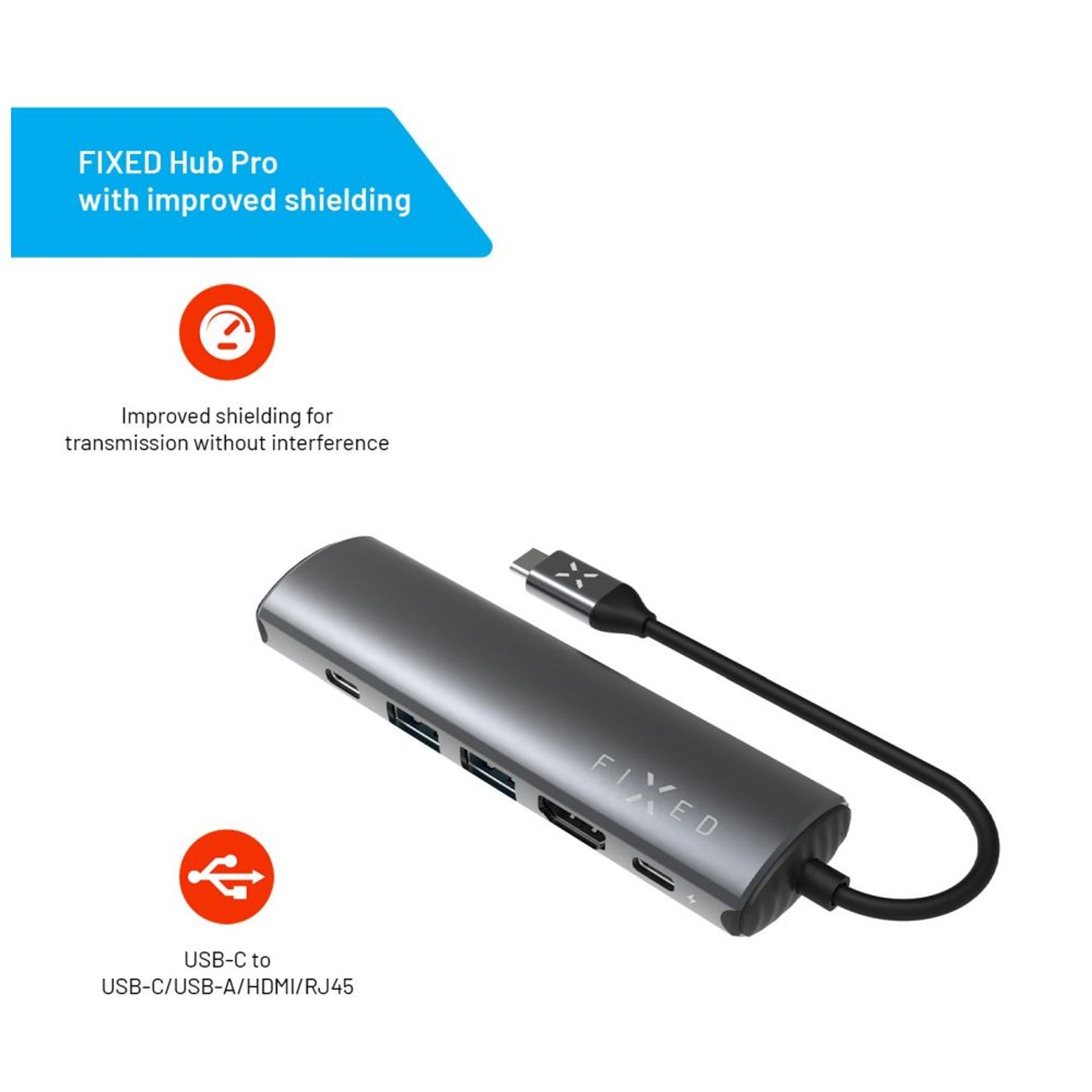 6-portový hliníkový USB-C FIXED HUB Pro, pro notebooky a tablety, šedý - FIXED