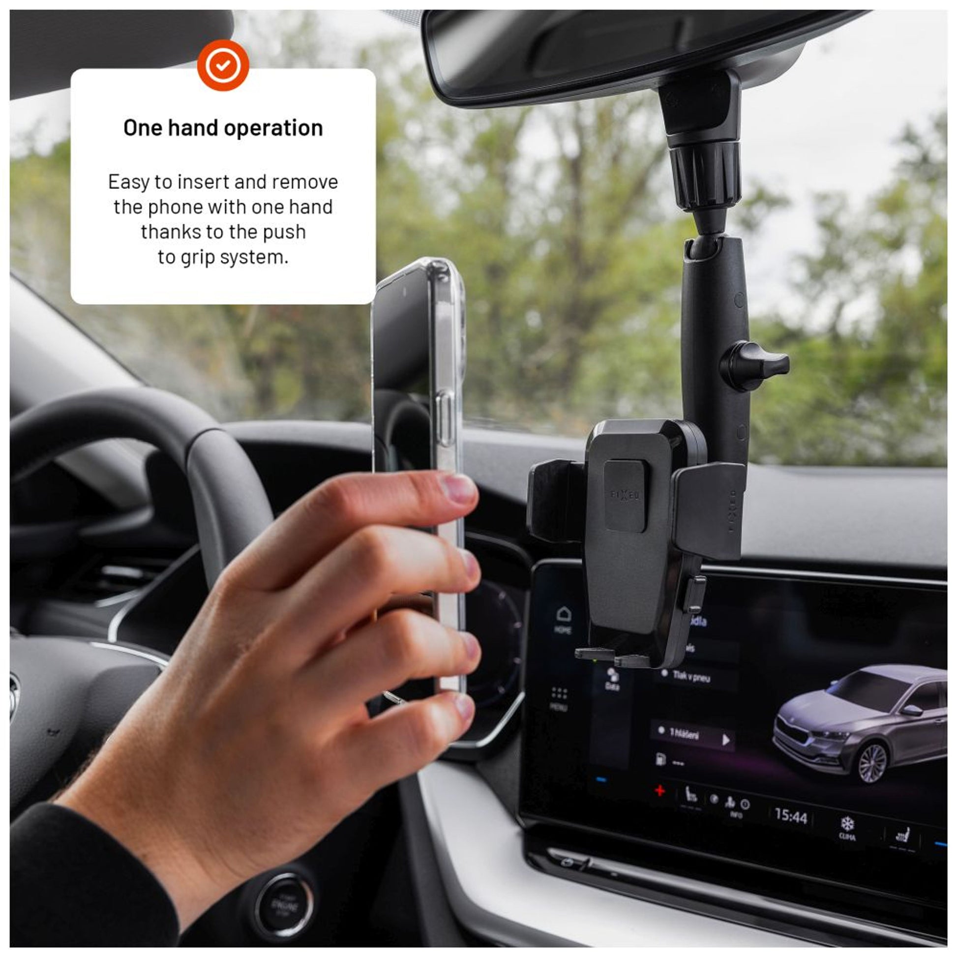 Univerzální držák do auta FIXED Iconiq Mirror s nohou na zpětné zrcátko, černý - FIXED