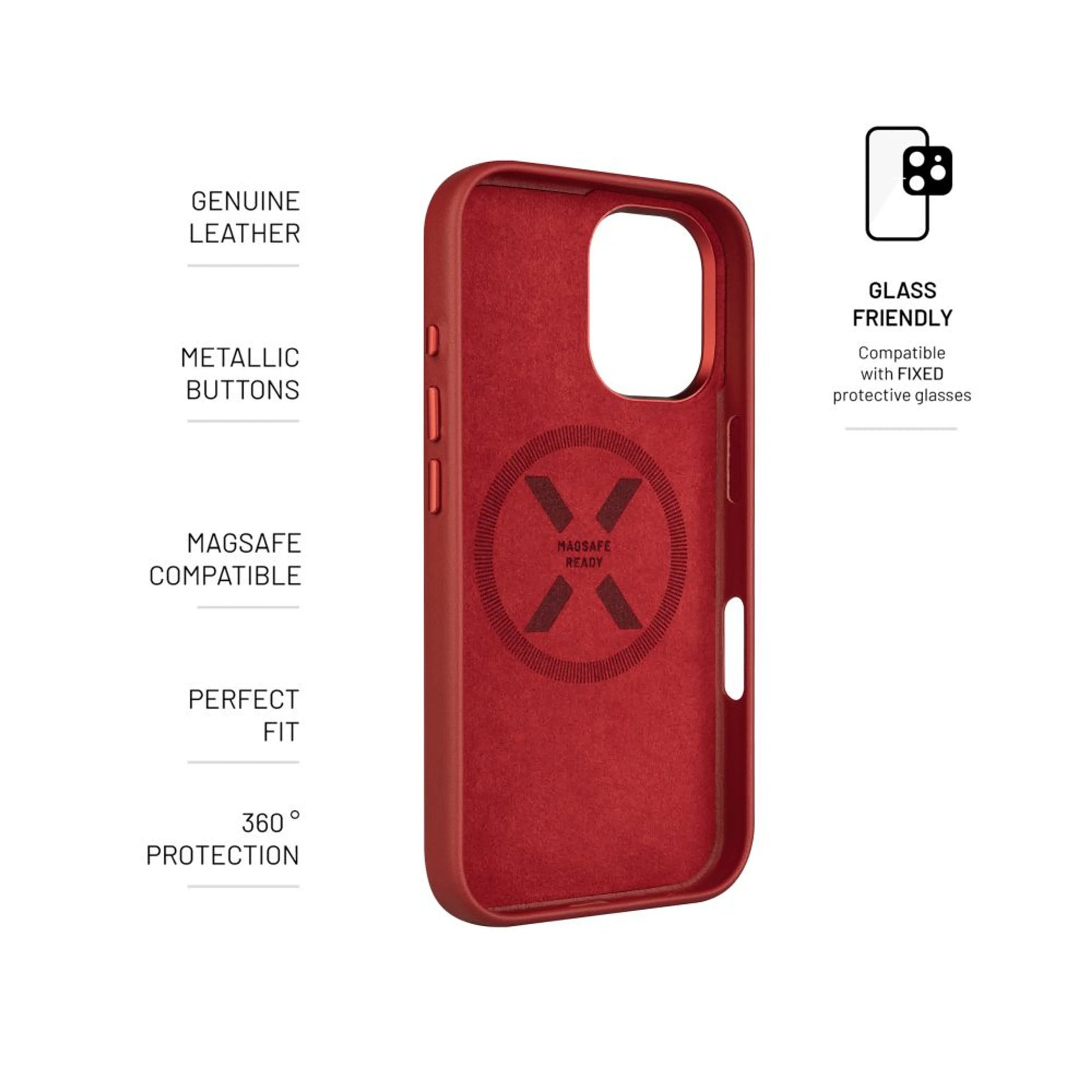 Kožený zadní kryt FIXED MagLeather s podporou MagSafe pro Apple iPhone 16, červený - FIXED