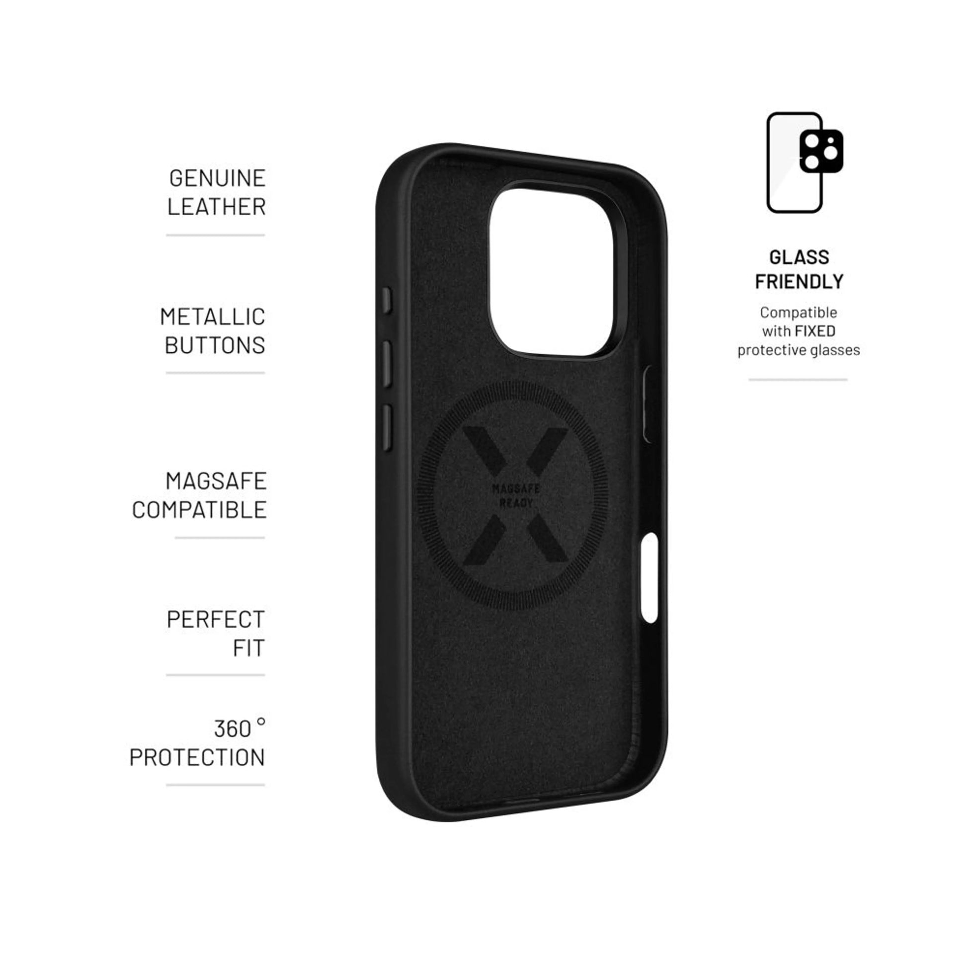 Kožený zadní kryt FIXED MagLeather s podporou MagSafe pro Apple iPhone 16 Pro, černý - FIXED