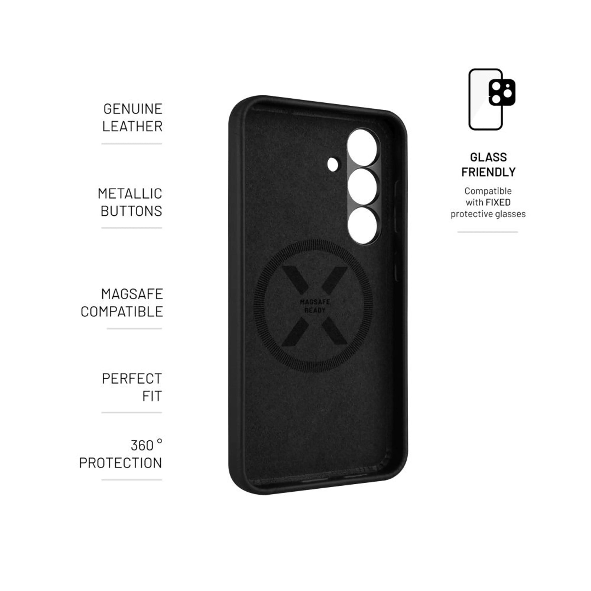 Kožený zadní kryt FIXED MagLeather s podporou MagSafe pro Samsung Galaxy S25, černý - FIXED