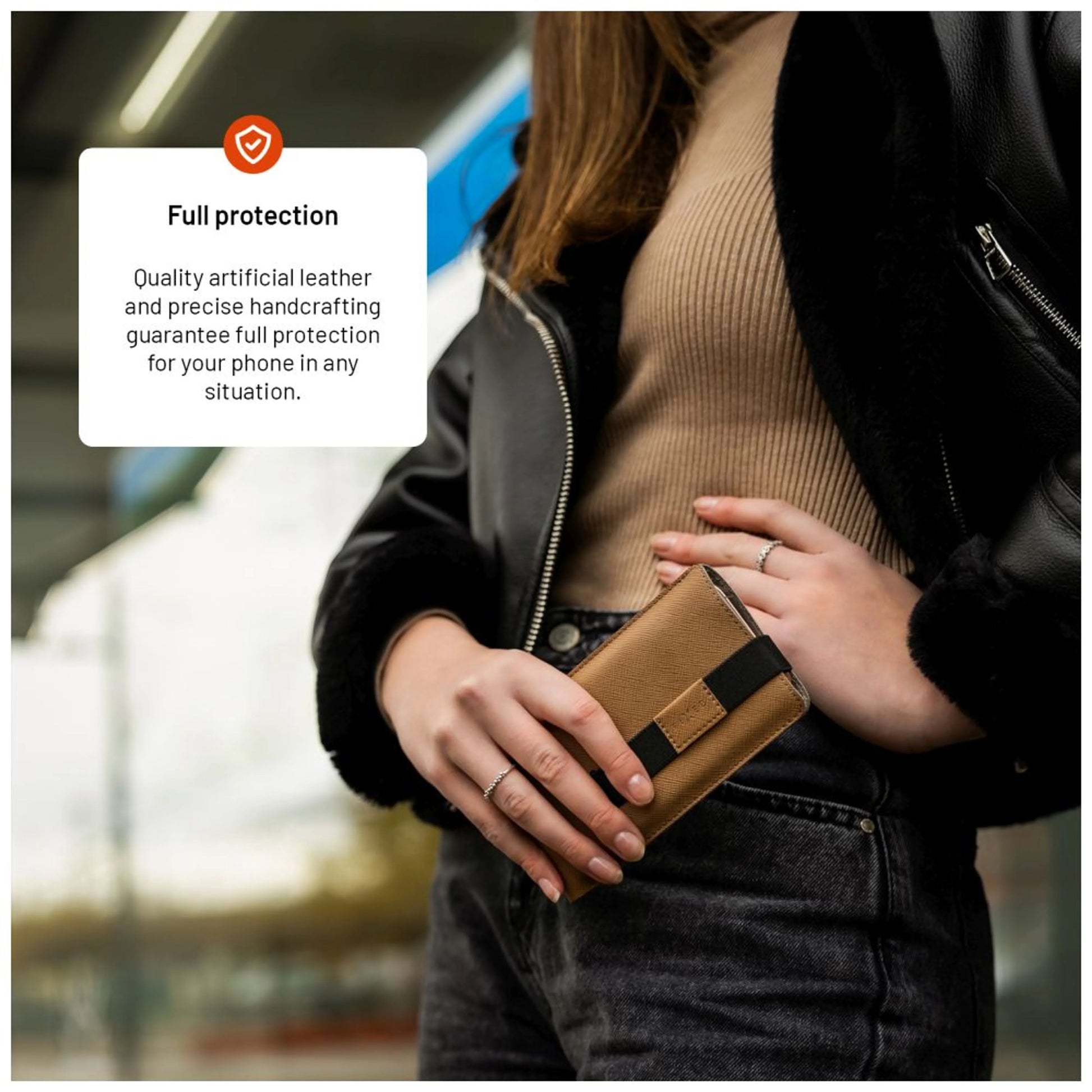 Univerzální pouzdro FIXED Lucca se zavíracím popruhem pro telefony do 6,6", kávové - FIXED