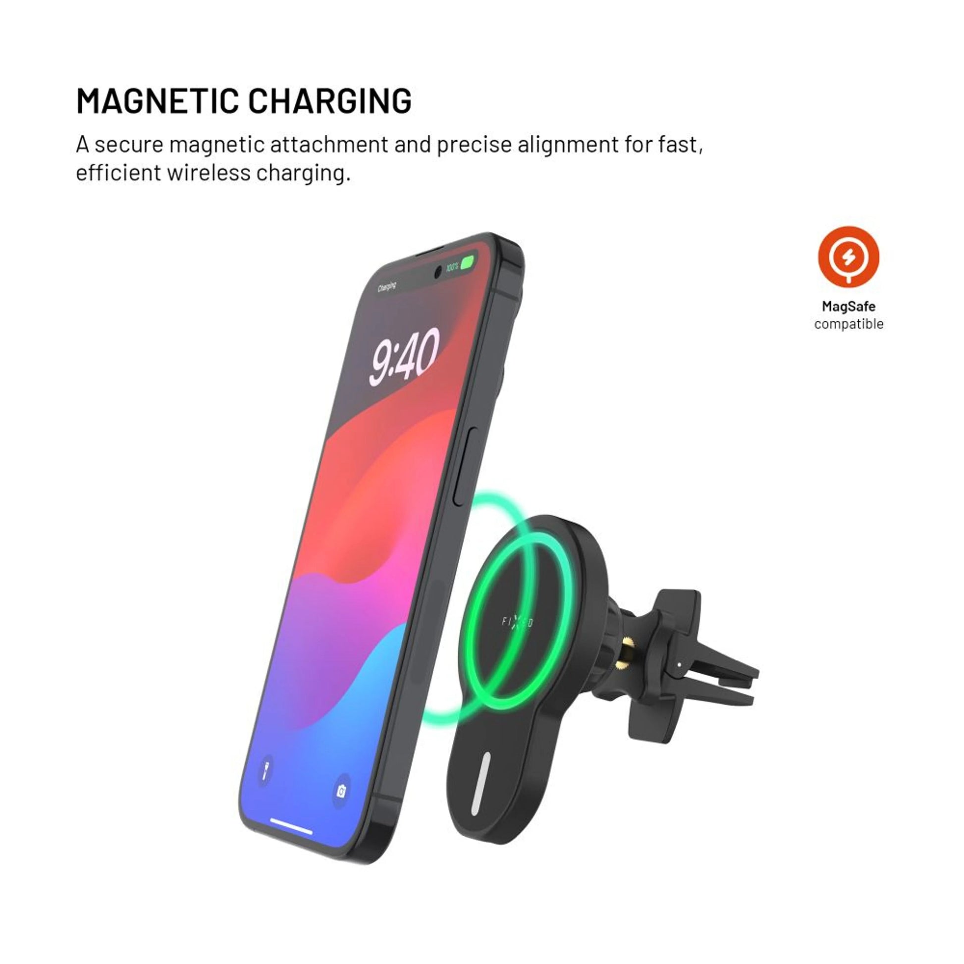 Držák s bezdrátovým nabíjením FIXED MagClick s podporou uchycení MagSafe, 15W, černý - FIXED