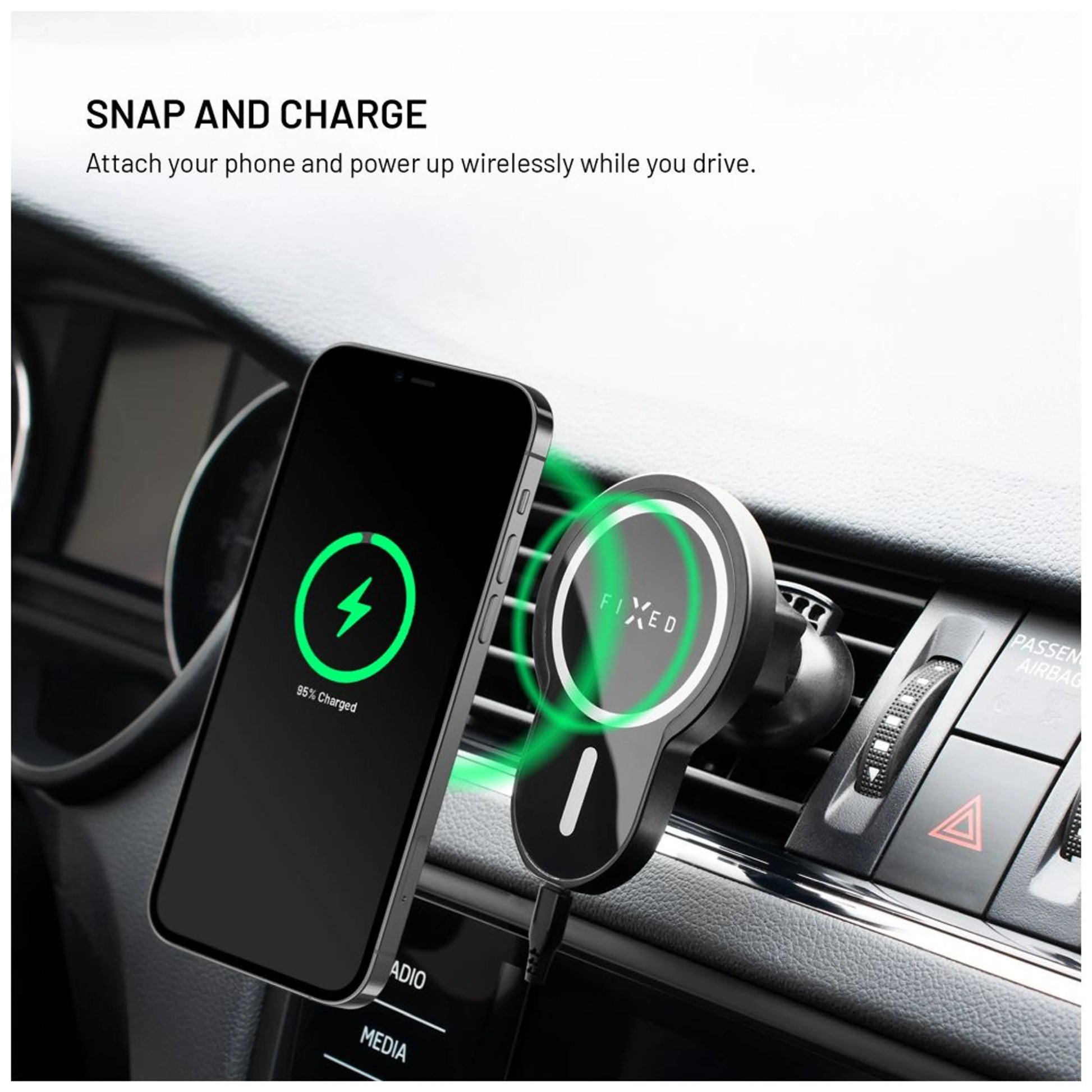 Držák s bezdrátovým nabíjením FIXED MagClick s podporou uchycení MagSafe, 15W, černý - FIXED