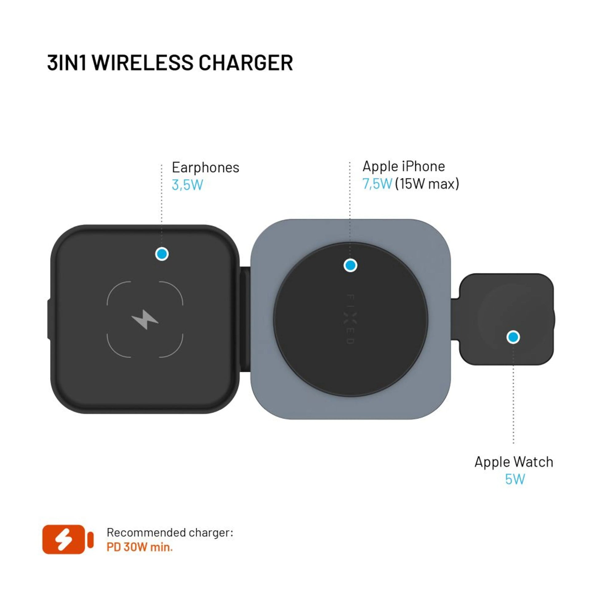 Skládací magnetický bezdrátový nabíjecí stojan 3v1 FIXED MagFlex Alu, 15W+2.5W+3.5W, šedý - FIXED