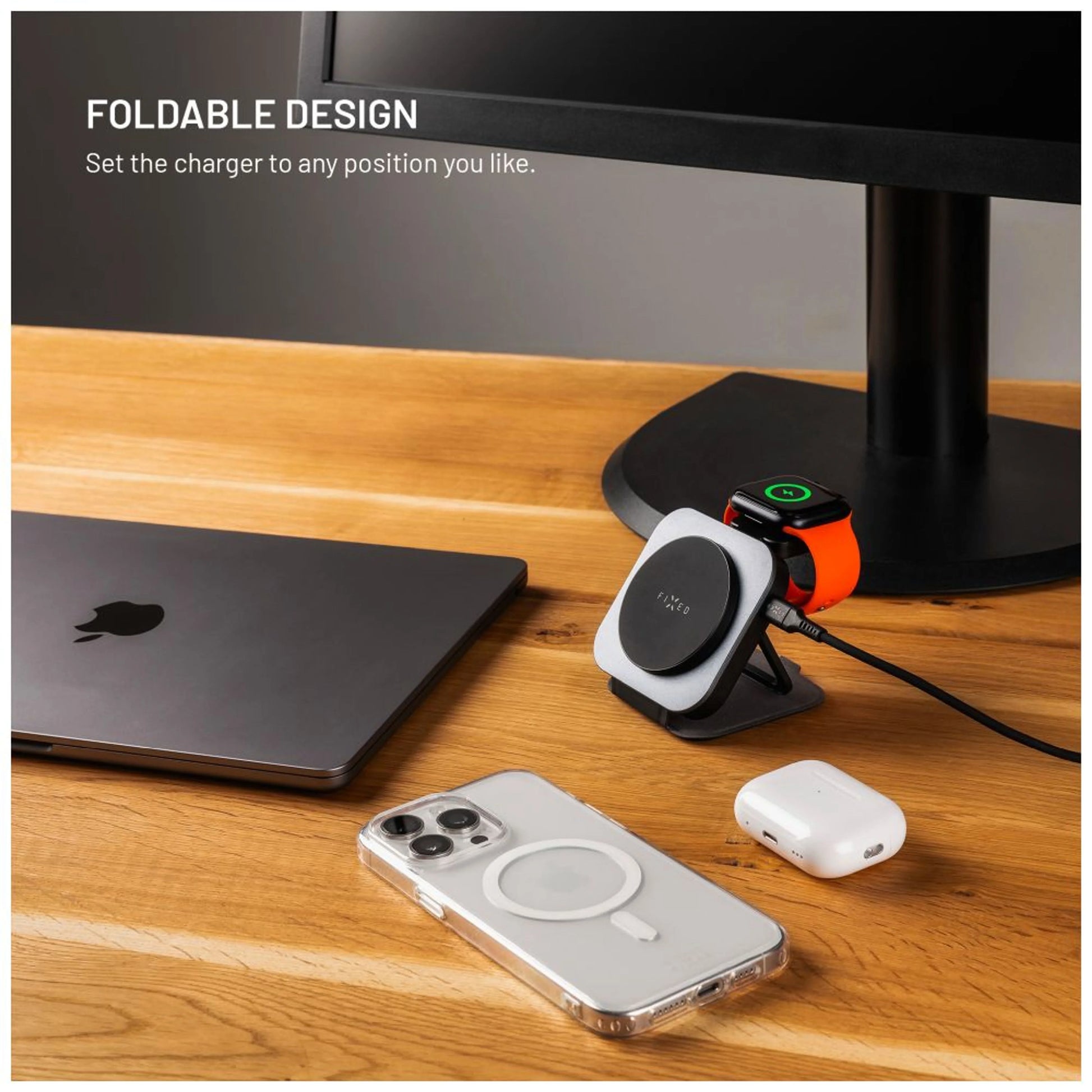 Skládací magnetický bezdrátový nabíjecí stojan 3v1 FIXED MagFlex Alu, 15W+2.5W+3.5W, šedý - FIXED