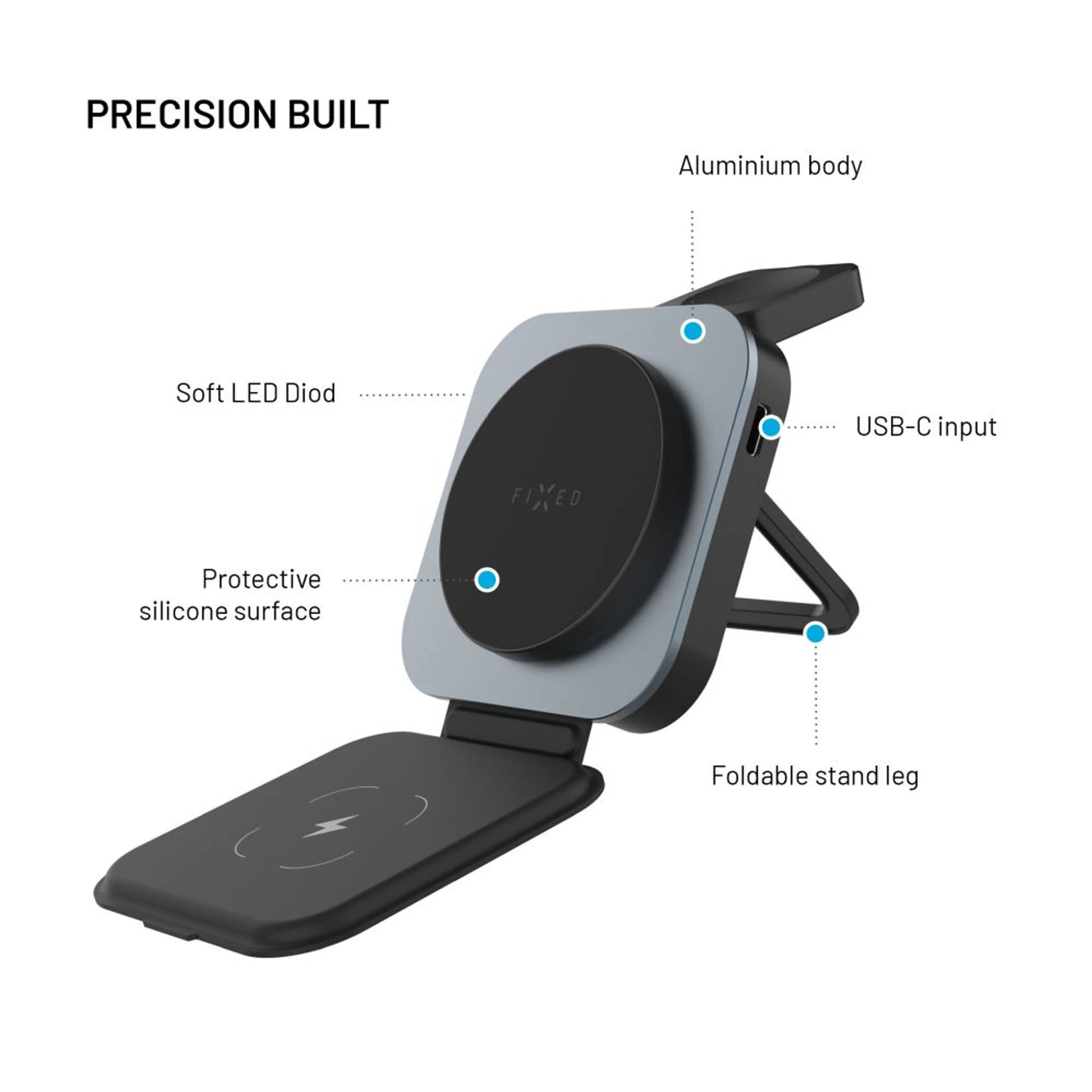 Skládací magnetický bezdrátový nabíjecí stojan 3v1 FIXED MagFlex Alu, 15W+2.5W+3.5W, šedý - FIXED