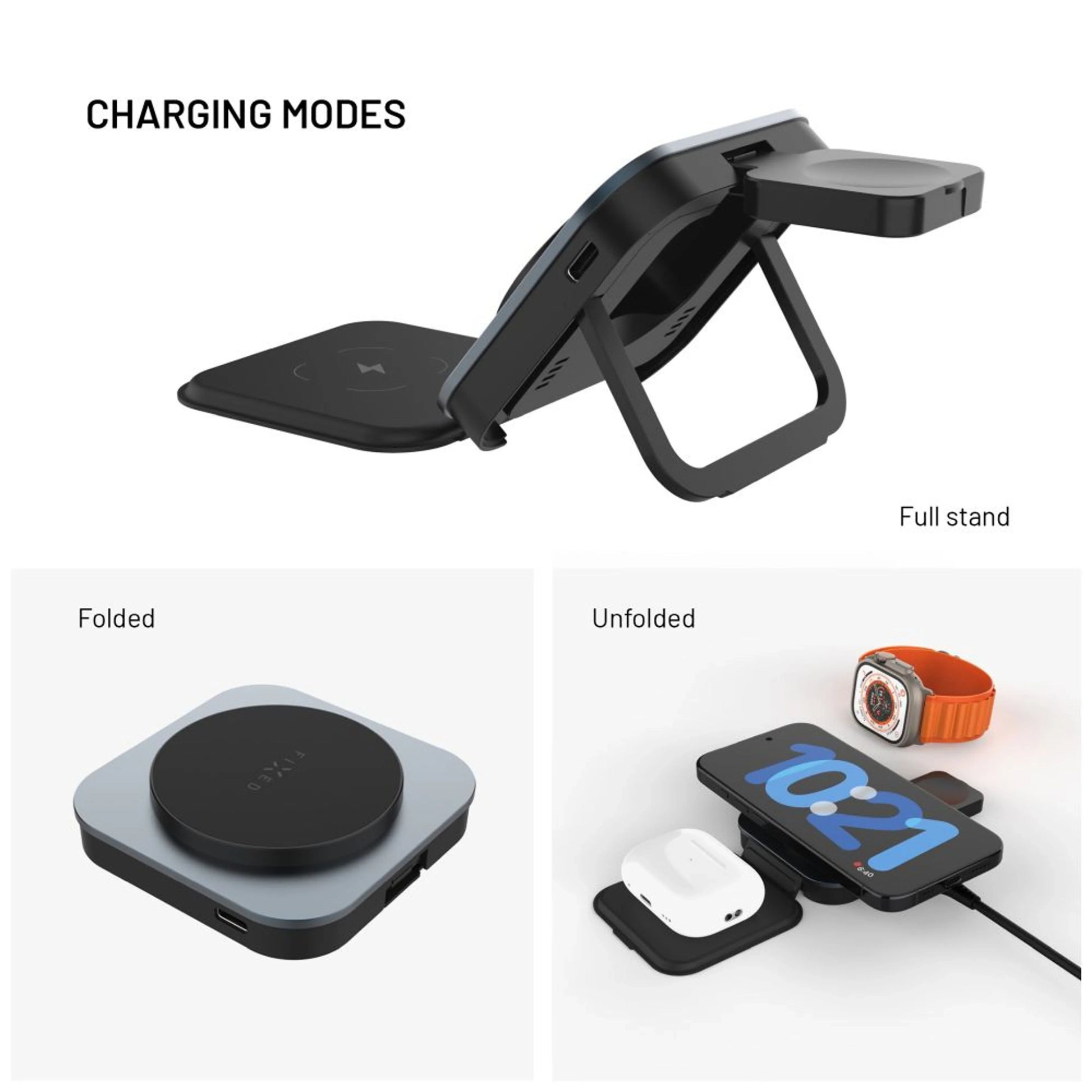 Skládací magnetický bezdrátový nabíjecí stojan 3v1 FIXED MagFlex Alu, 15W+2.5W+3.5W, šedý - FIXED