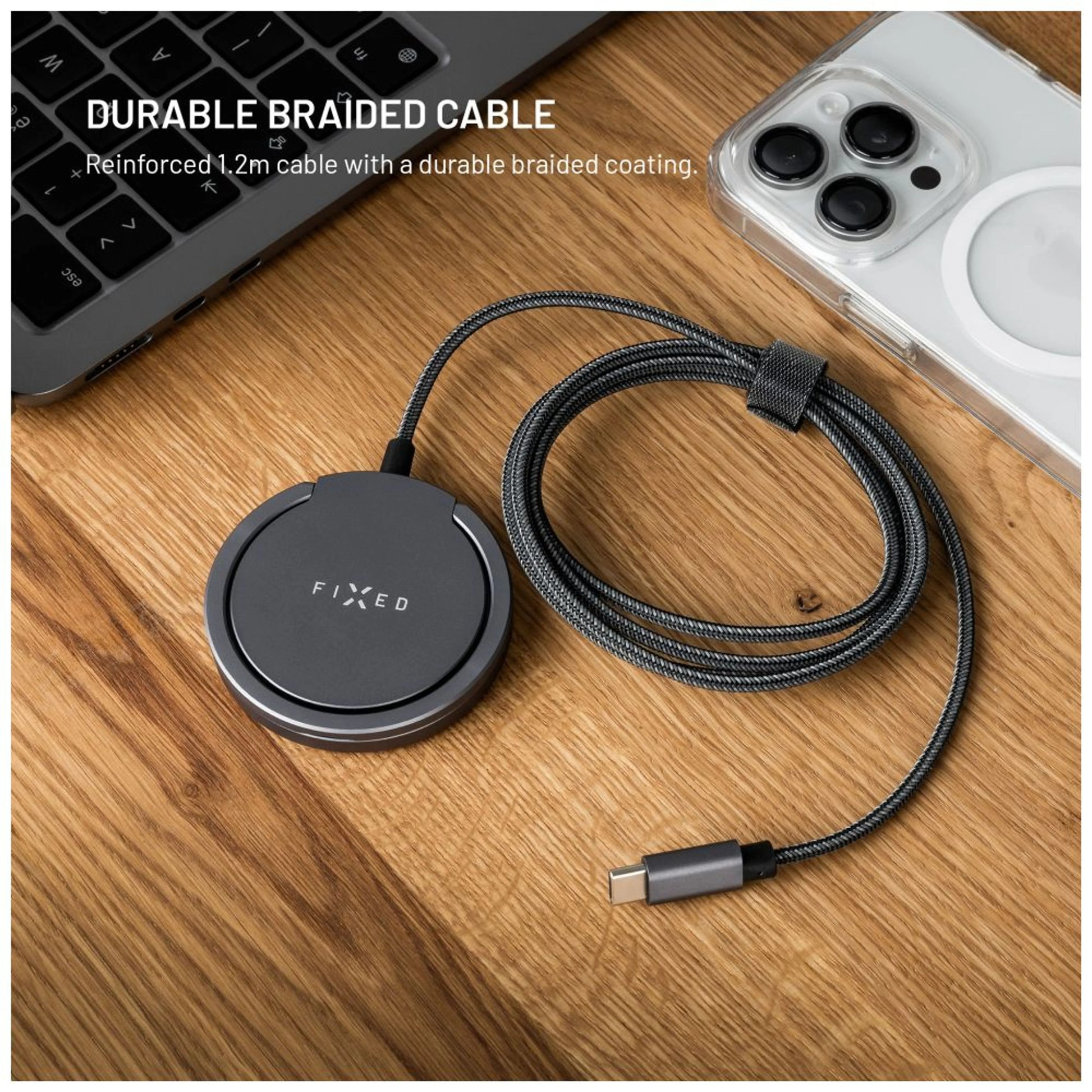 Bezdrátová nabíječka FIXED MagPad Pro s podporou MagSafe, Qi2 certifikací a stojánkem, 15W, šedá - FIXED