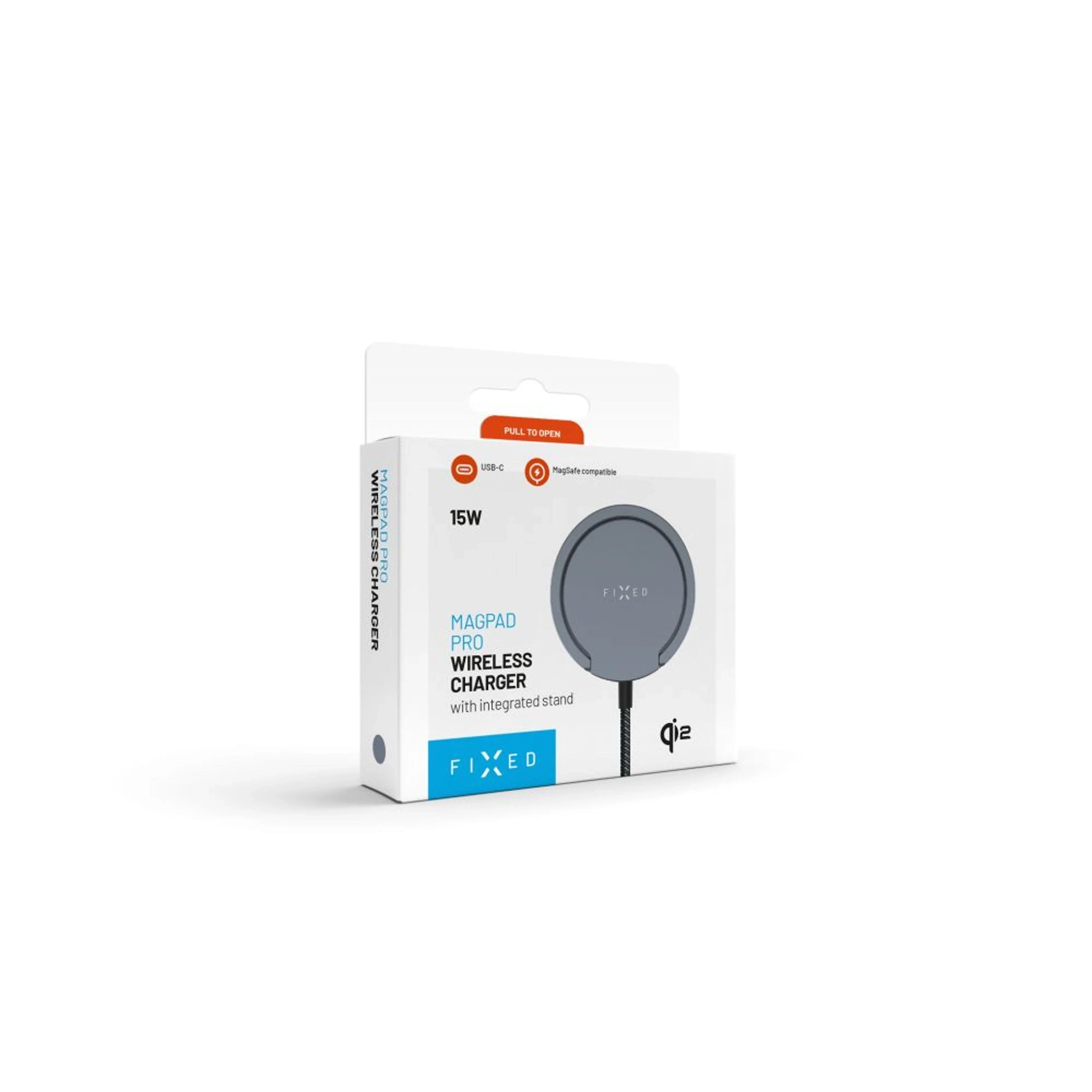 Bezdrátová nabíječka FIXED MagPad Pro s Qi2, podporou MagSafe a stojánkem, 15W, šedá - FIXED