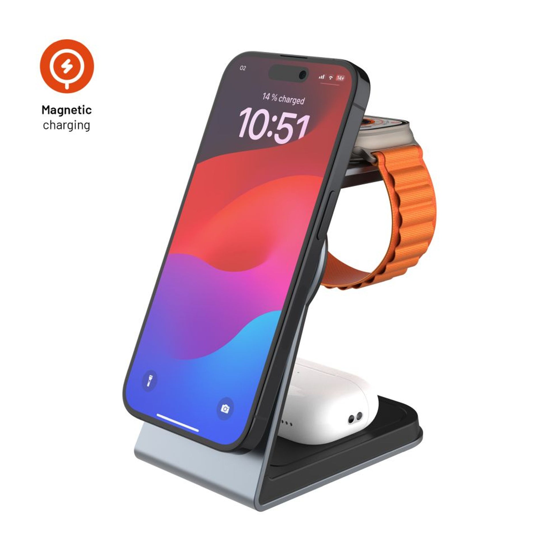 Stojánek s bezdrátovým nabíjením 3v1 FIXED MagPowerstation Alu s podporou MagSafe, 15W+3.5W+2.5W, space gray - FIXED