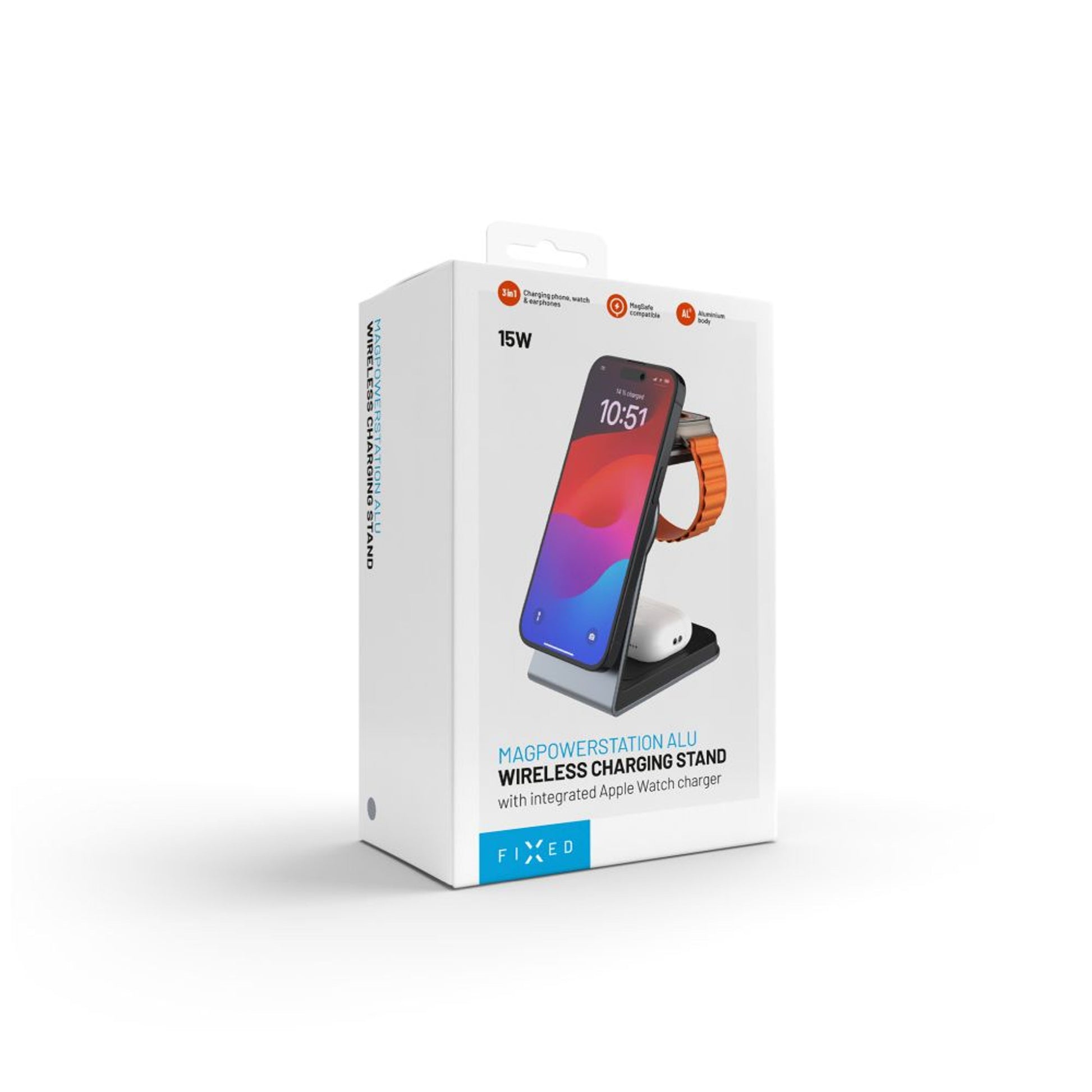 Stojánek s bezdrátovým nabíjením 3v1 FIXED MagPowerstation Alu s podporou MagSafe, 15W+3.5W+2.5W, space gray - FIXED