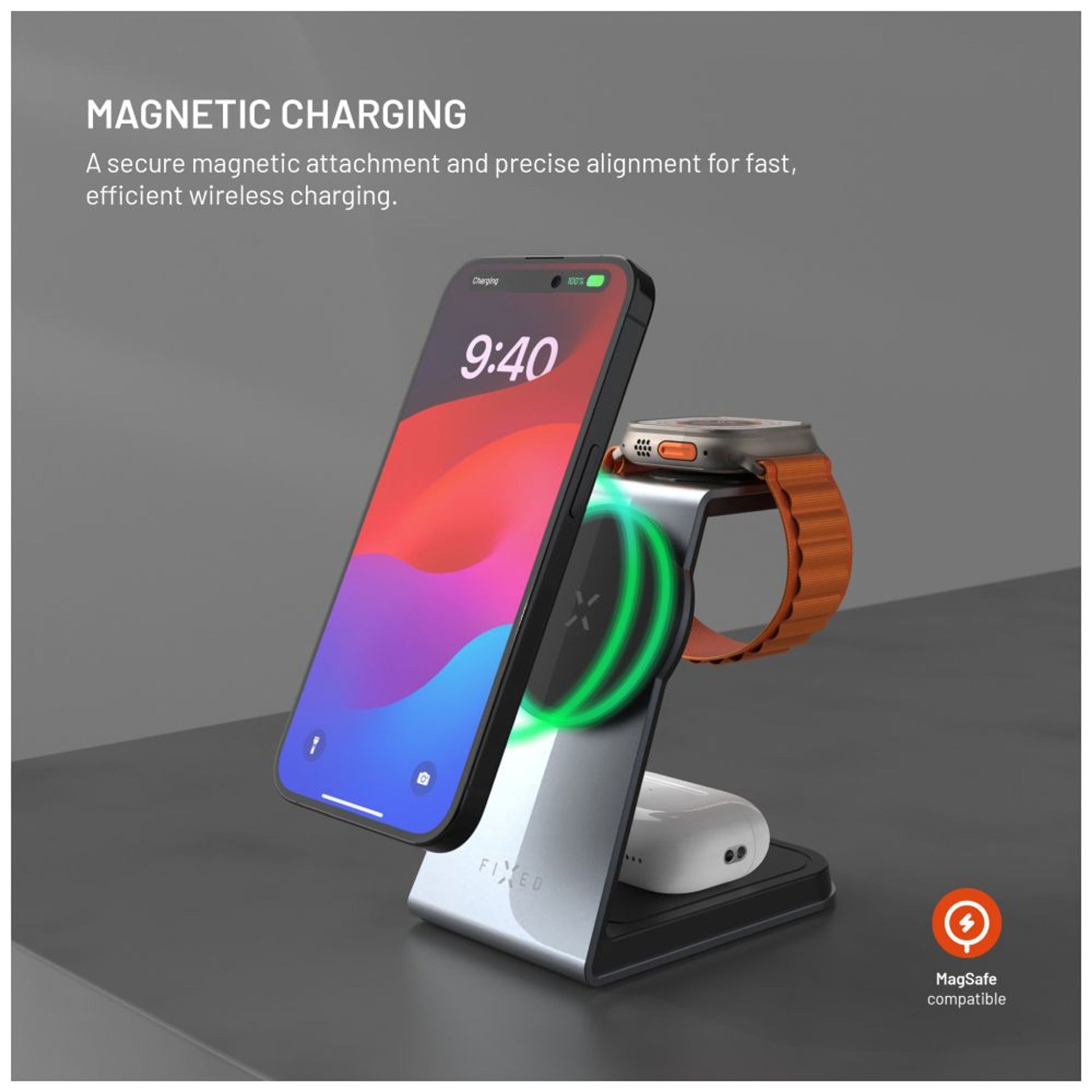 Stojánek s bezdrátovým nabíjením 3v1 FIXED MagPowerstation Alu s podporou MagSafe, 15W+3.5W+2.5W, space gray - FIXED