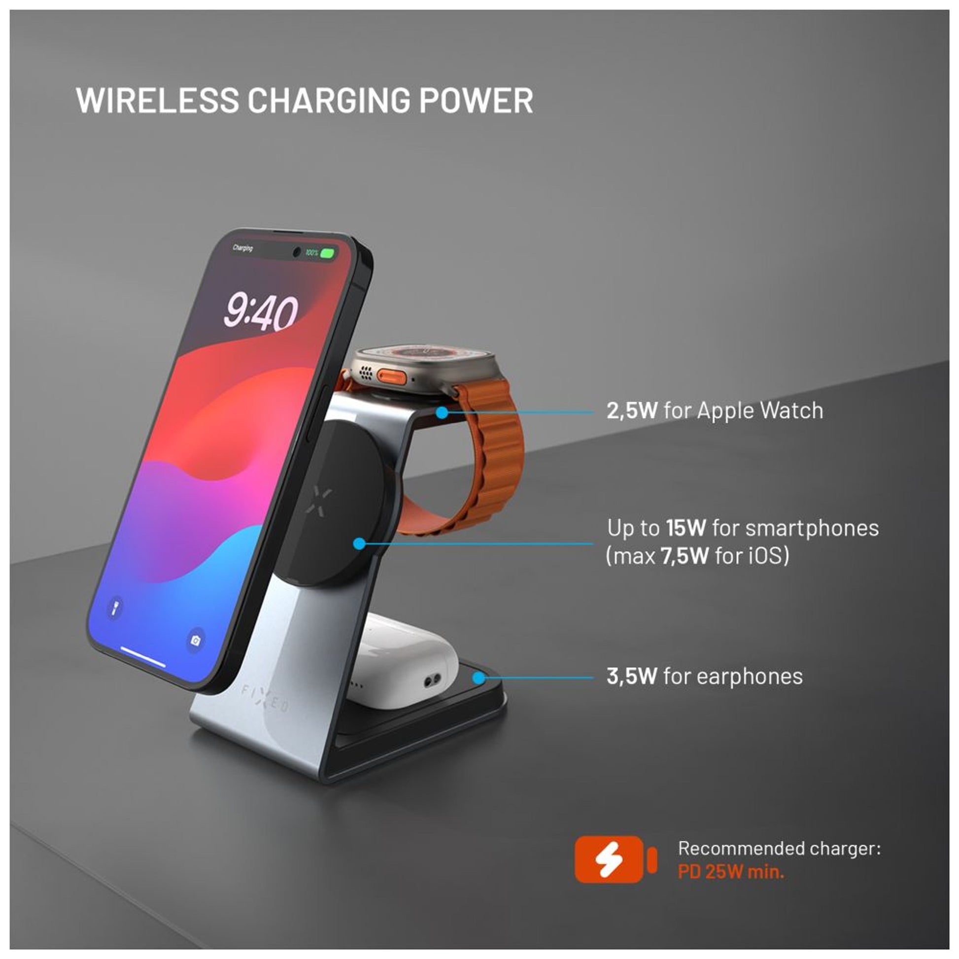 Stojánek s bezdrátovým nabíjením 3v1 FIXED MagPowerstation Alu s podporou MagSafe, 15W+3.5W+2.5W, space gray - FIXED