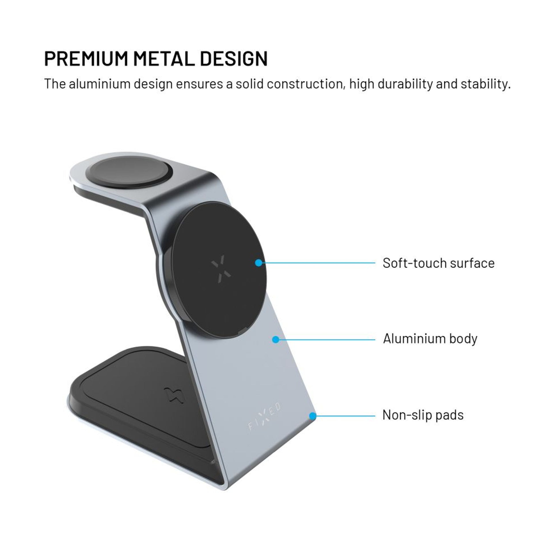 Stojánek s bezdrátovým nabíjením 3v1 FIXED MagPowerstation Alu s podporou MagSafe, 15W+3.5W+2.5W, space gray - FIXED