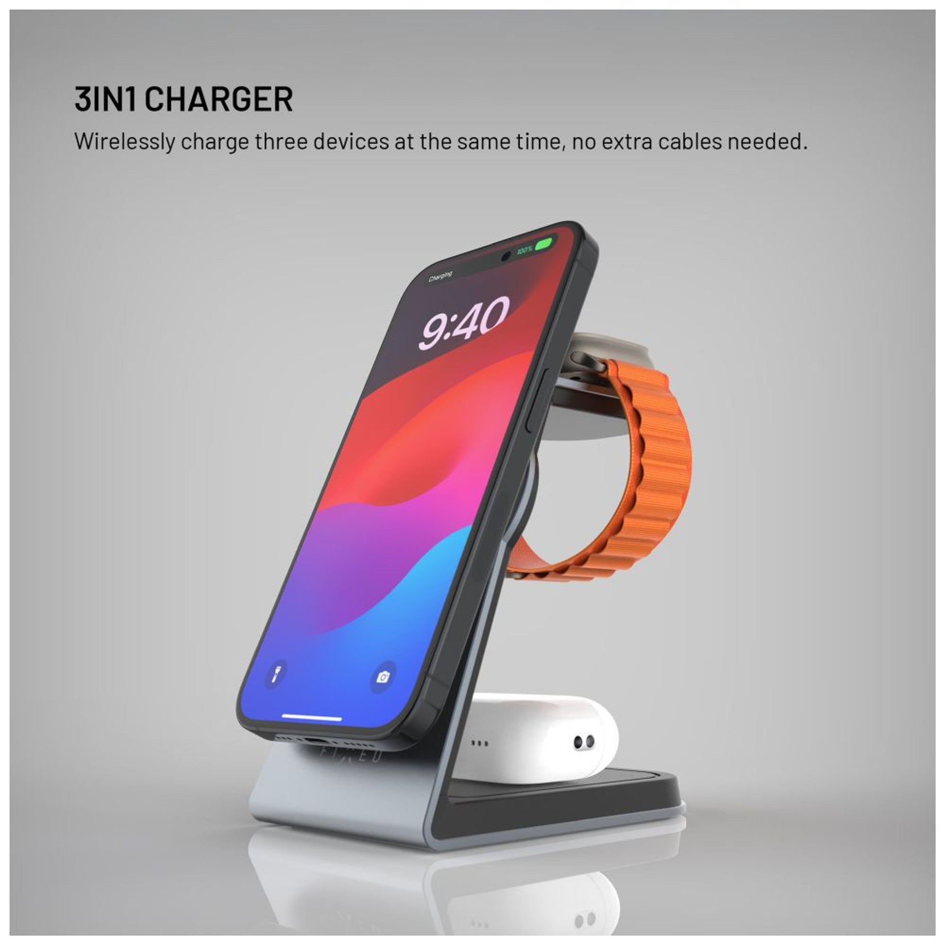 Stojánek s bezdrátovým nabíjením 3v1 FIXED MagPowerstation Alu s podporou MagSafe, 15W+3.5W+2.5W, space gray - FIXED