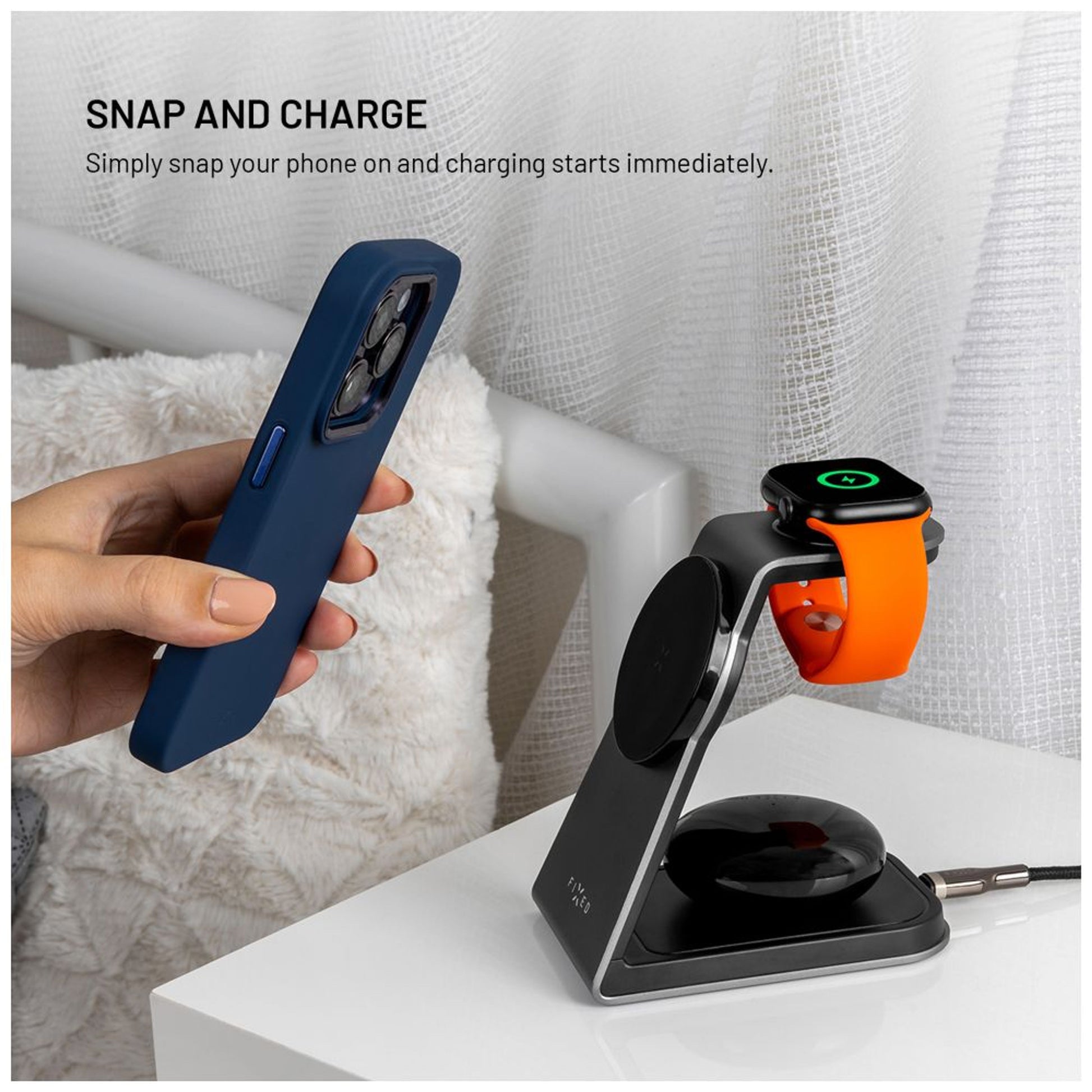 Stojánek s bezdrátovým nabíjením 3v1 FIXED MagPowerstation Alu s podporou MagSafe, 15W+3.5W+2.5W, space gray - FIXED