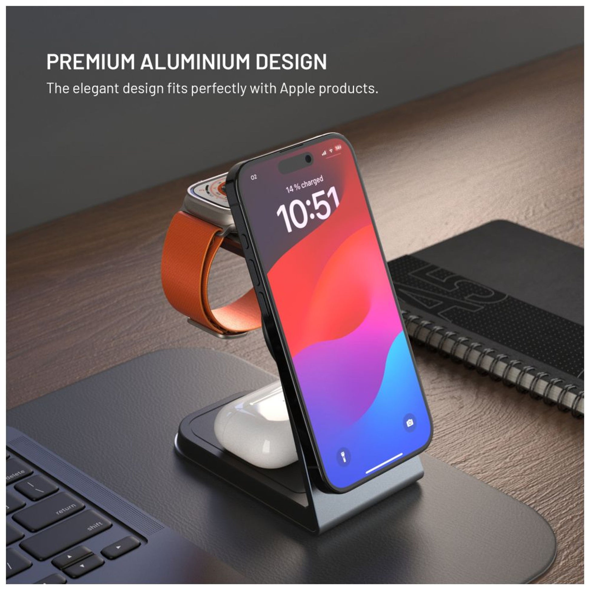 Stojánek s bezdrátovým nabíjením 3v1 FIXED MagPowerstation Alu s podporou MagSafe, 15W+3.5W+2.5W, space gray - FIXED