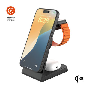 Stojánek s bezdrátovým nabíjením 3v1 FIXED MagPowerstation Alu 2 s podporou MagSafe, 15W+3.5W+2.5W, Qi2, černý - FIXED